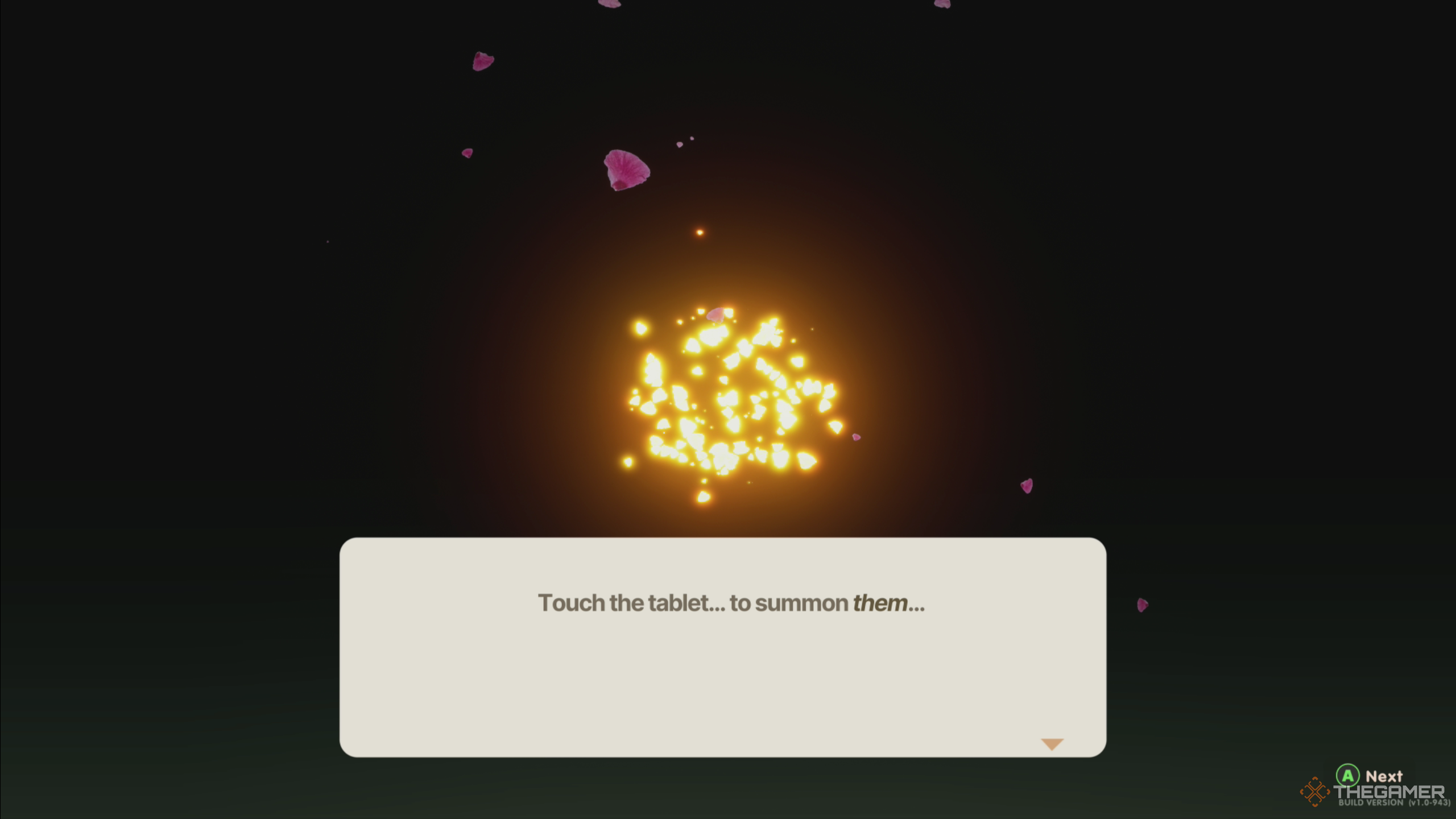 Coral Island: Swirly glowy lights with flower petals and a dark background, with text - the voice of the goddess