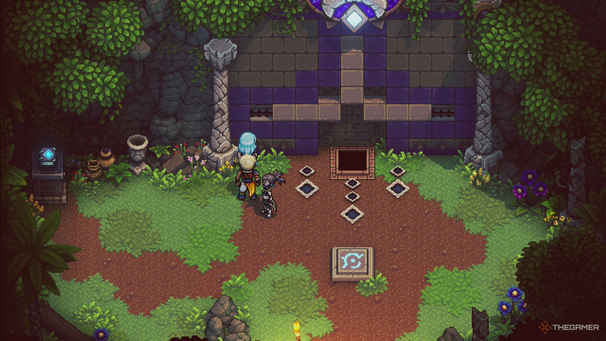 Sea of Stars: Door for Eastern Solstice shrine with rune lights on ground