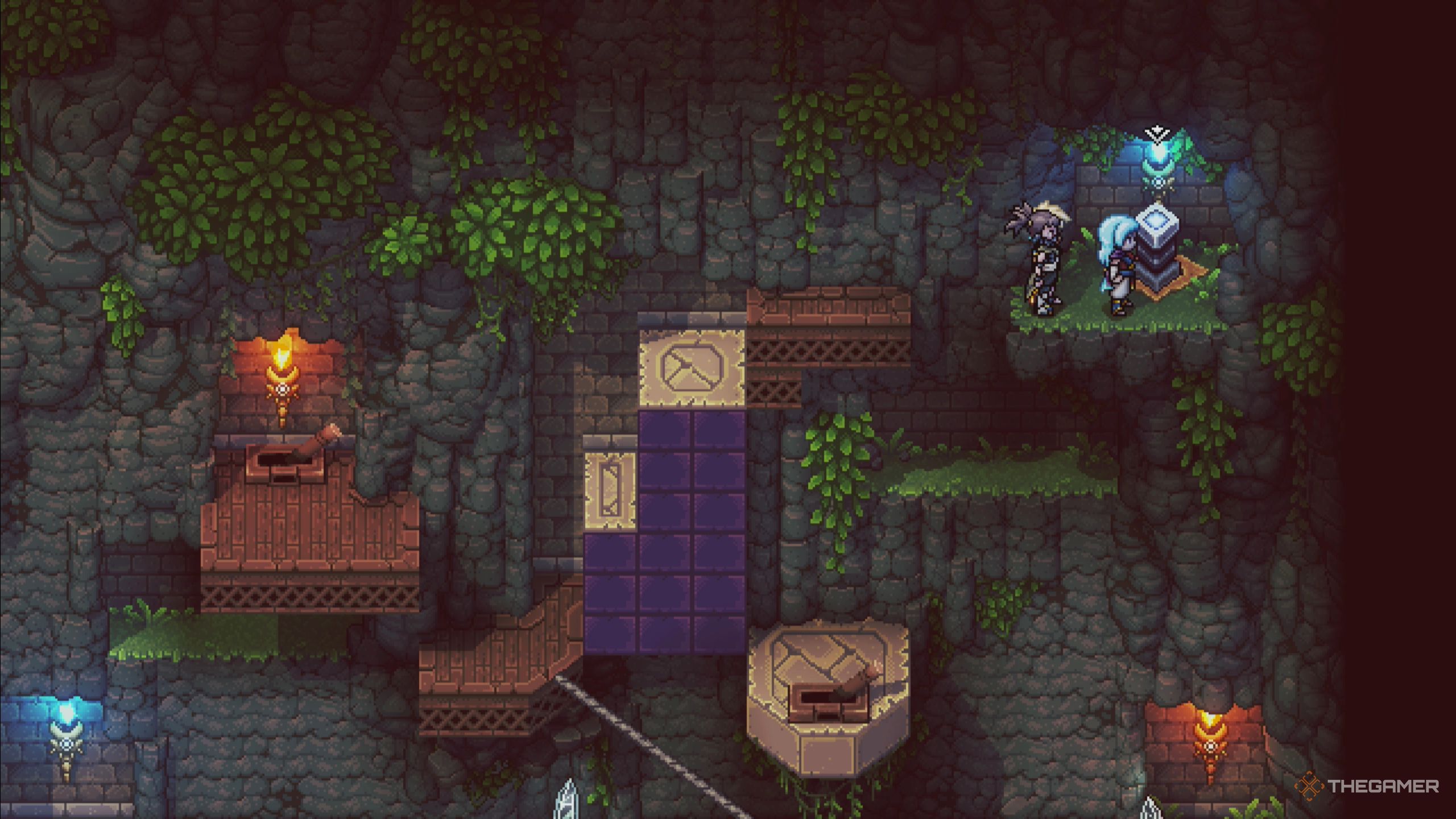 Sea of Stars: Activating the final switch at the top, purple blocks sticking out on the left