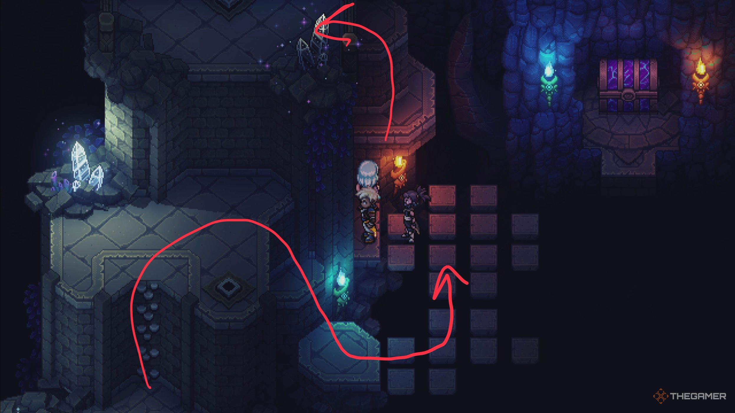 Sea of Stars: Walking to the fifth switch, arrows drawn showing which direction to go