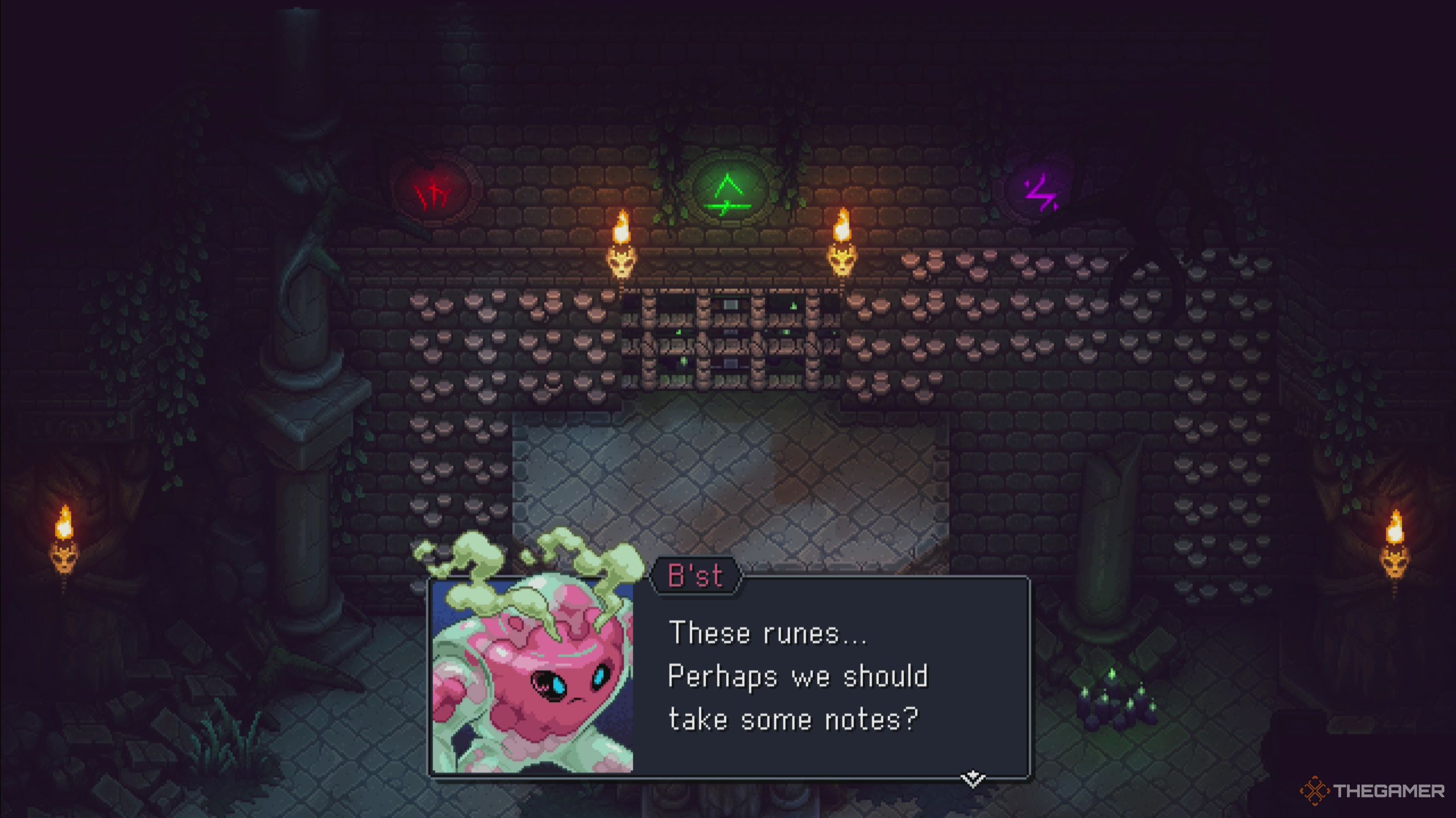 Sea Of Stars: B&rsquo;st talking about the runes, runes on top are blue, green, purple, chest behind grate