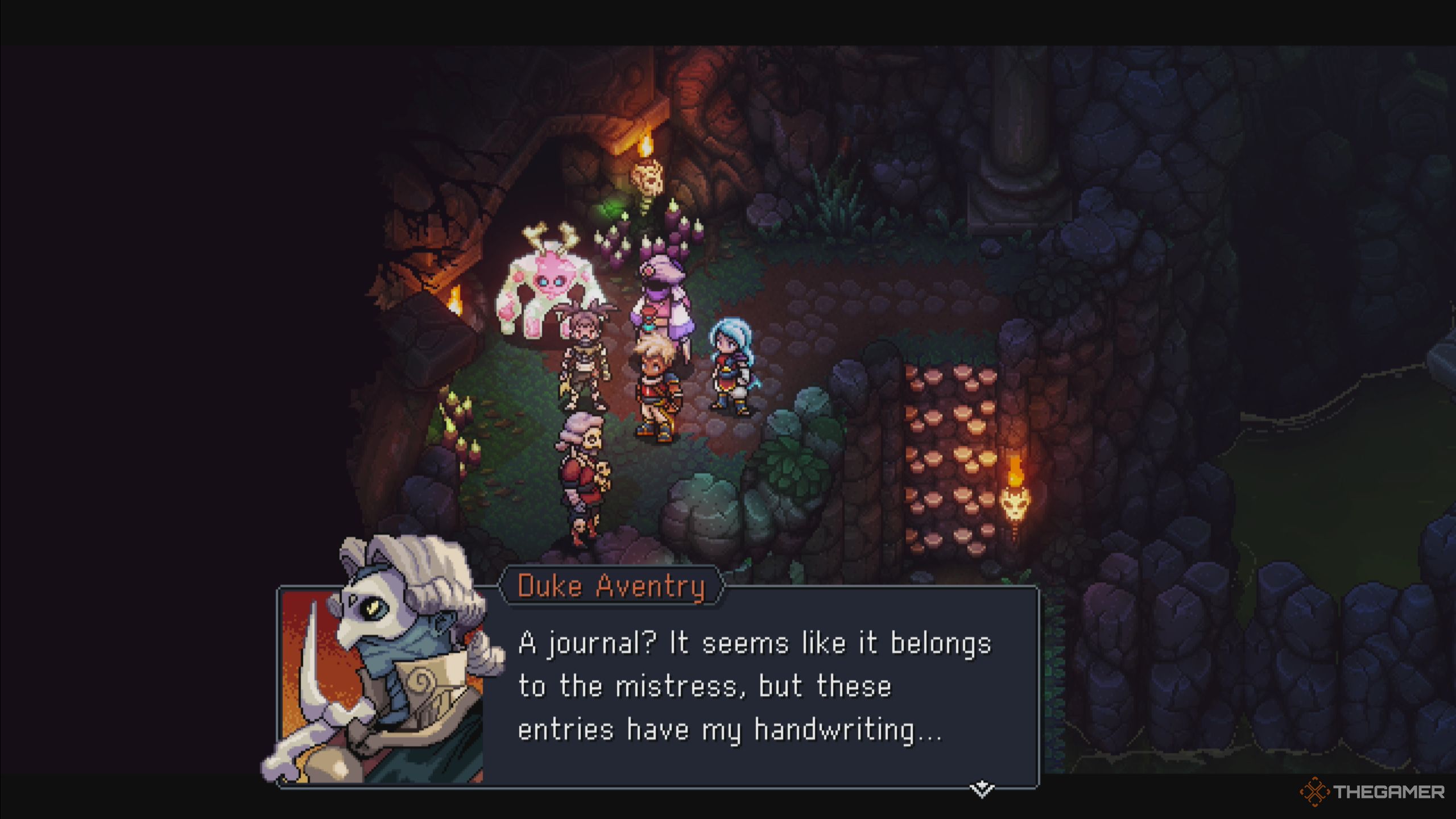 Sea Of Stars: Giving the journal to Sir Aventry outside of the cave