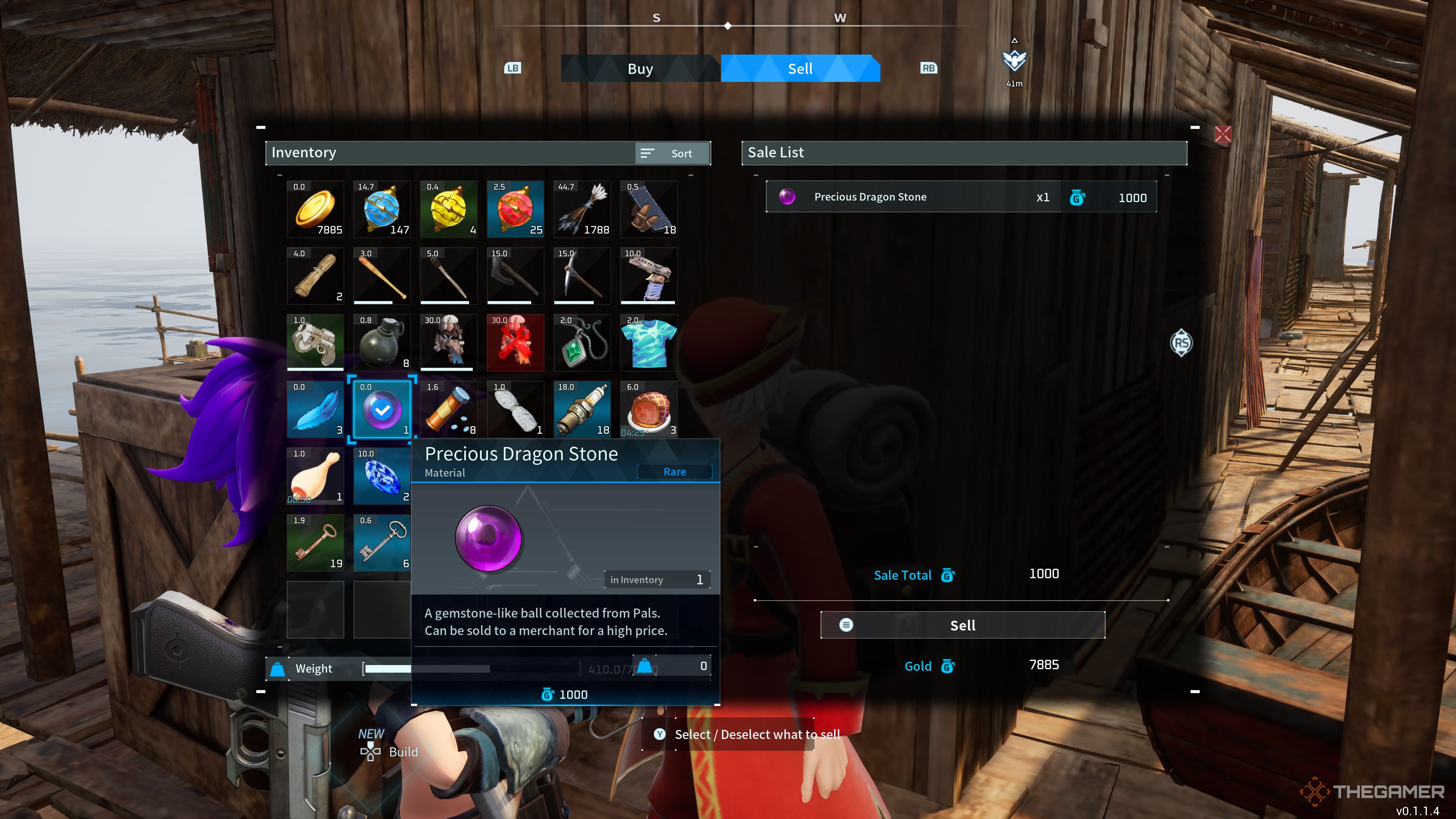 Selling menu to sell dragon stone to a merchant in Palworld
