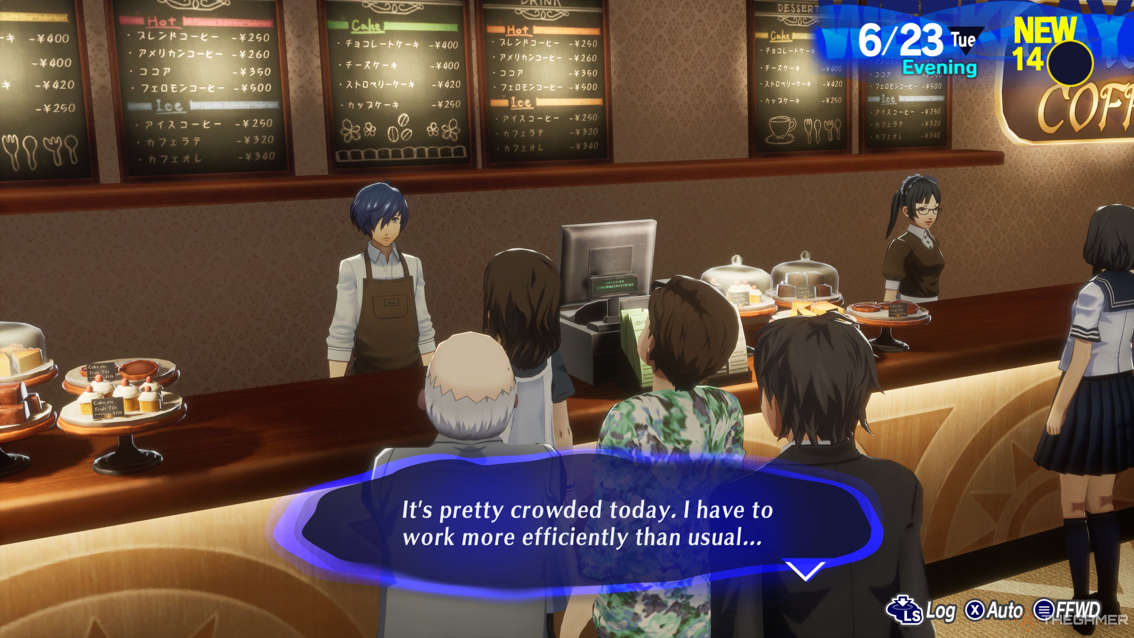 Working in a coffee shop that is very crowded and busy in Persona 3 Reload