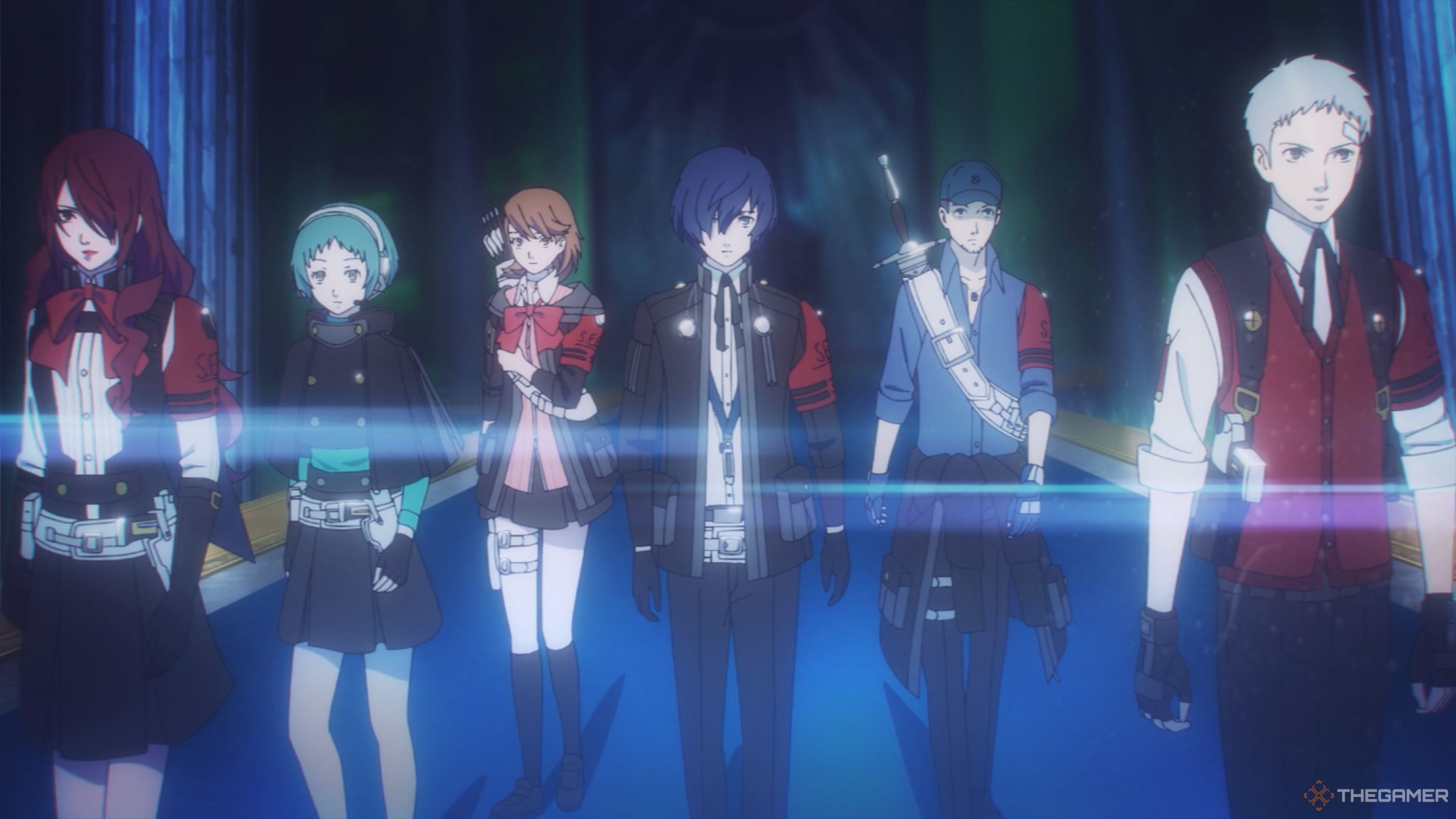 Left to right: Mitsuru, Fuuka, Yukari, your character, Junpei, and Akihiko. 