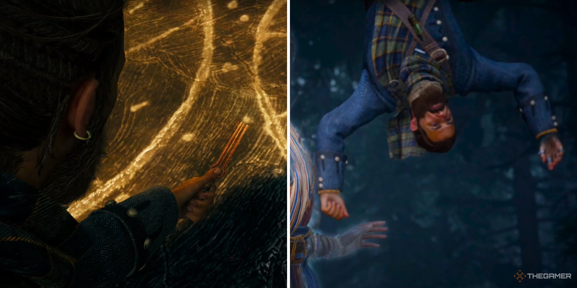 A split image of Red holding a key to a Void portal, and Red hanging from a rope tied around his ankle.