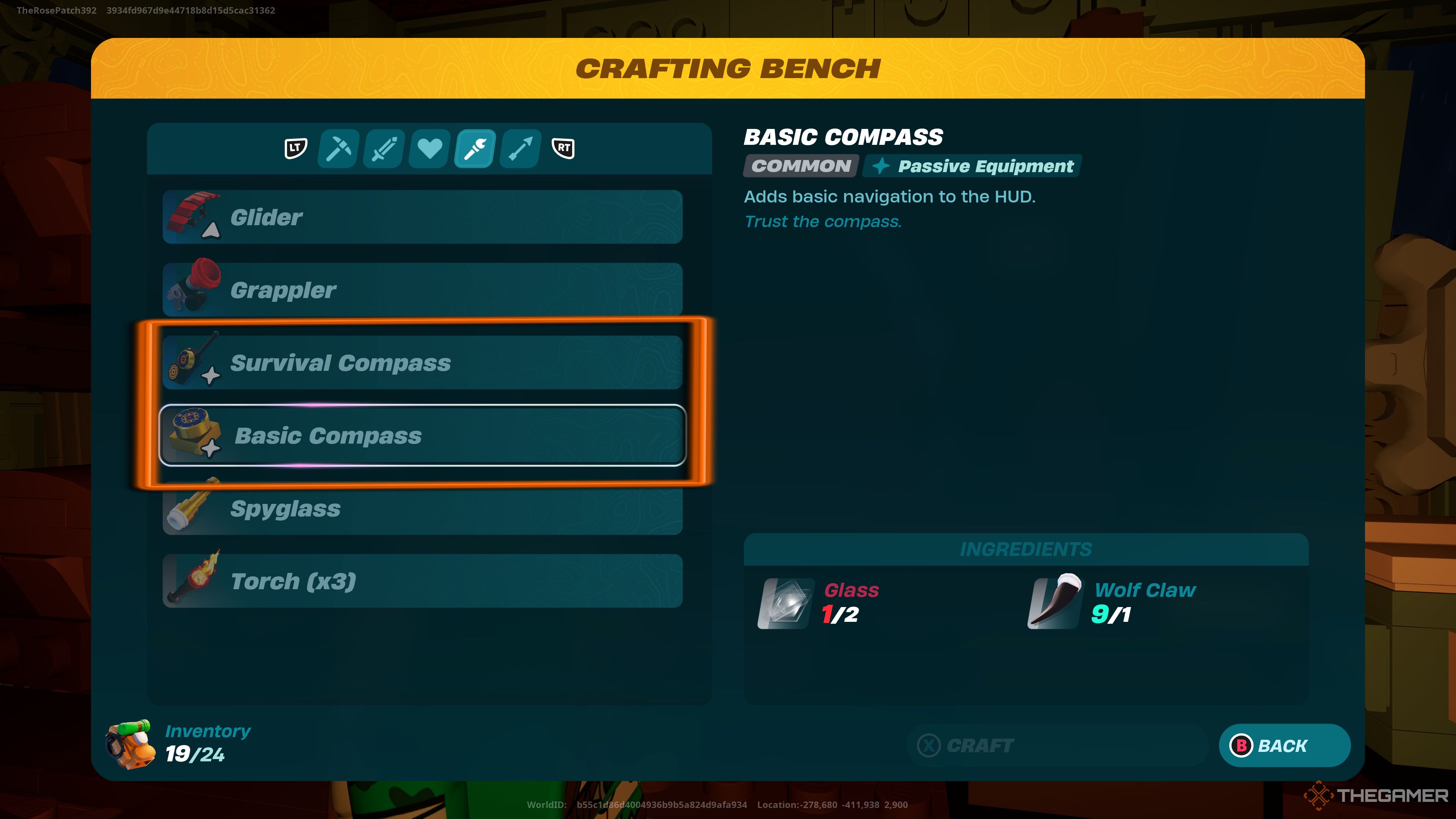 Screenshot showing the recipes for the Compass in the Crafting Bench menu in Lego Fortnite.