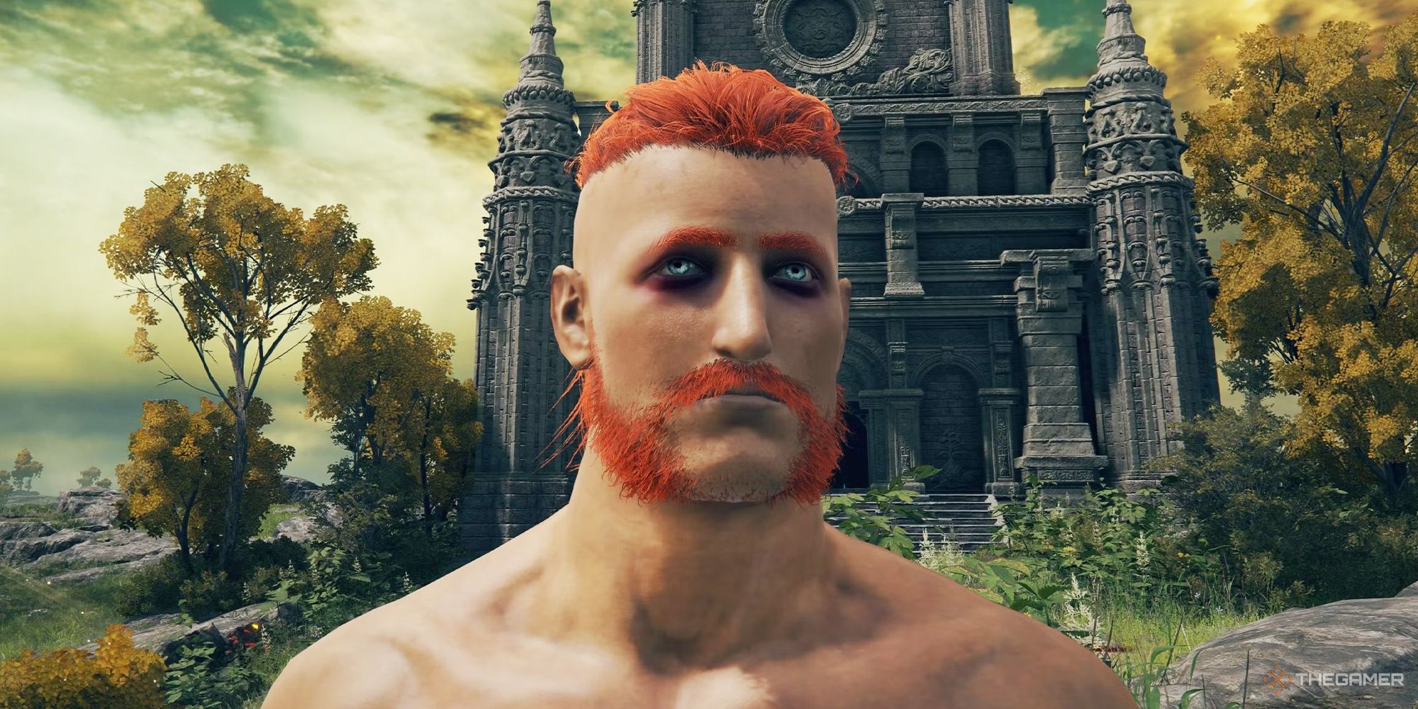 Elden Ring Tarnished standing in front of a church naked with bright ginger beard and hair