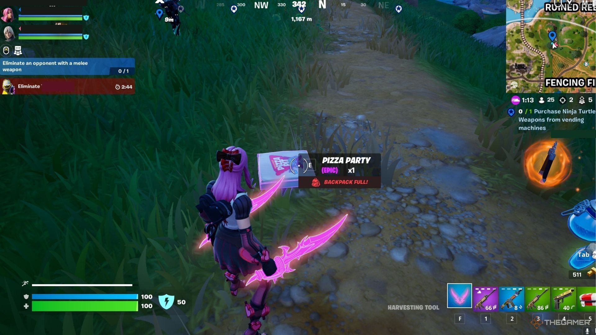 Fortnite player looking at a pizza party on the floor