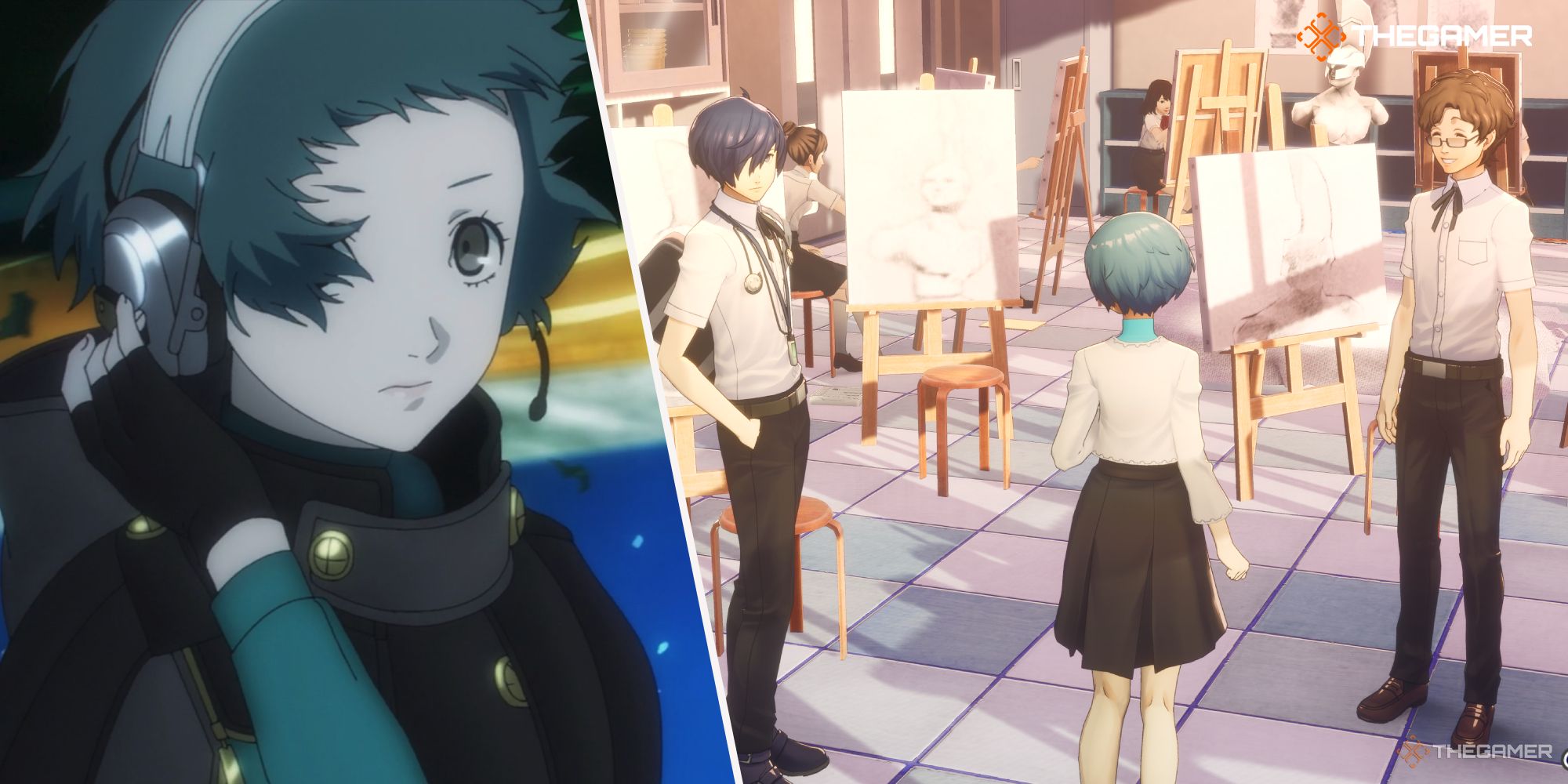 Left: Fuuka, right: Fuuka, Keisuke,  and you standing in the Art Club room in Persona 3 Reload