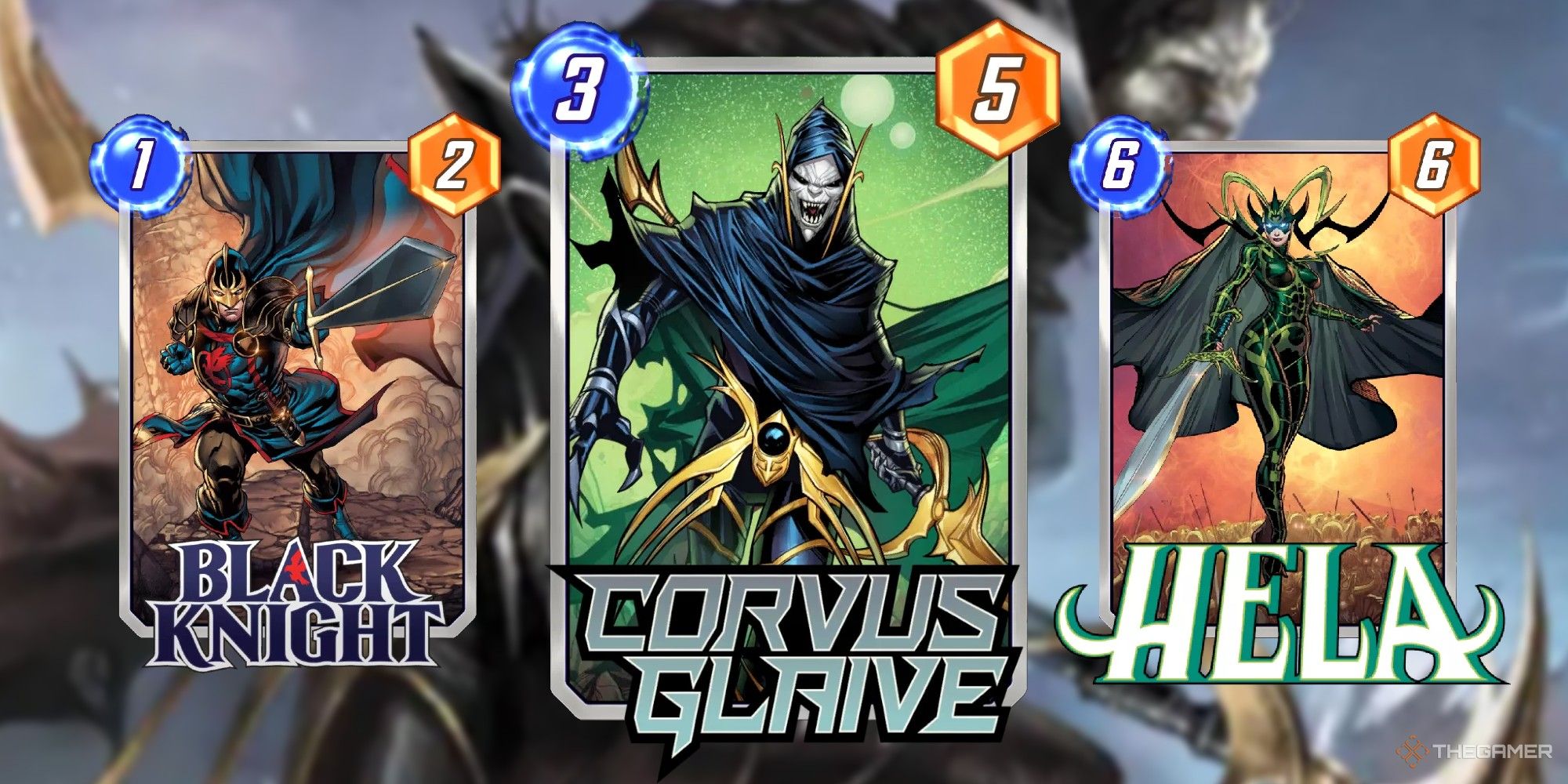 Marvel Snap Cards Black Knight, Corvus Glaive and Hela