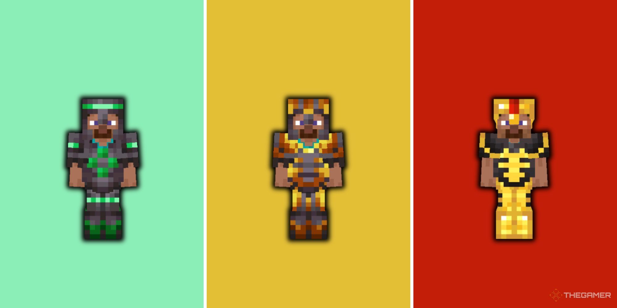 A colorful, split image of various Minecraft player models wearing flashy, contrasting armor with patterns on them.