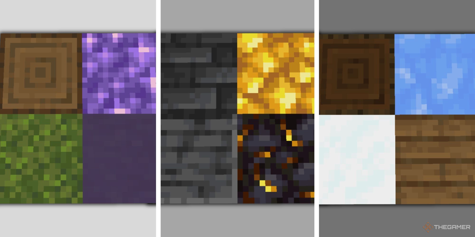 A split image of various Minecraft blocks, such as dark oak, purple amethyst, raw gold, packed ice, and more.