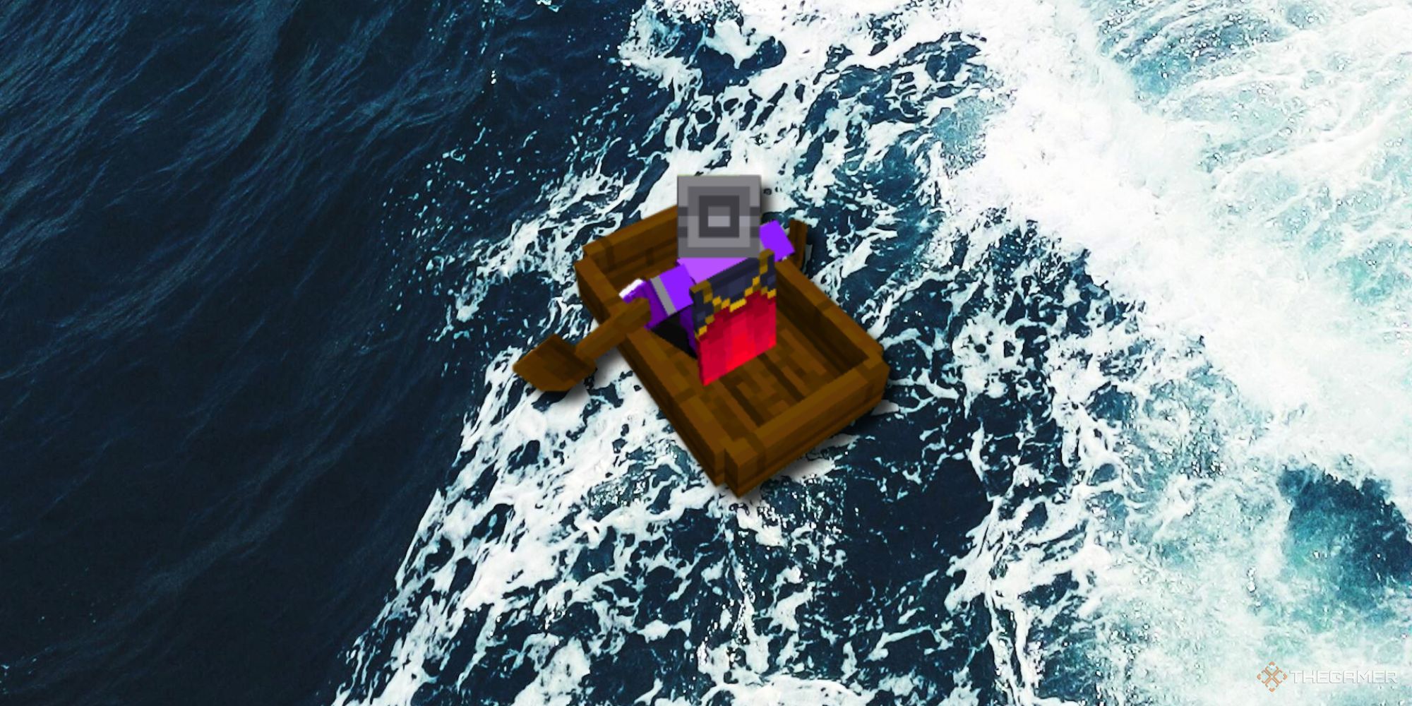 A player on a dark oak boat overlayed on top of a real photo of the ocean.