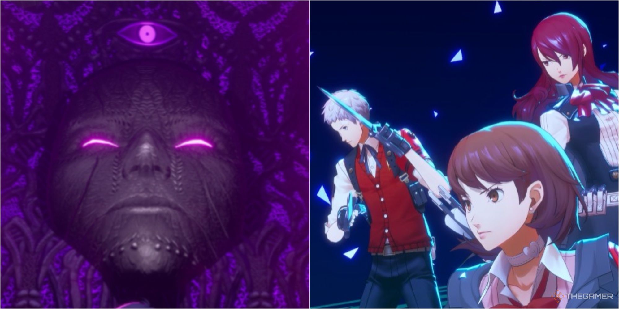 a face in the wall in the arqa block of tartarus and yukari, mitsuru, and akihiko posed for a fight persona 3 reload tartarus p3r