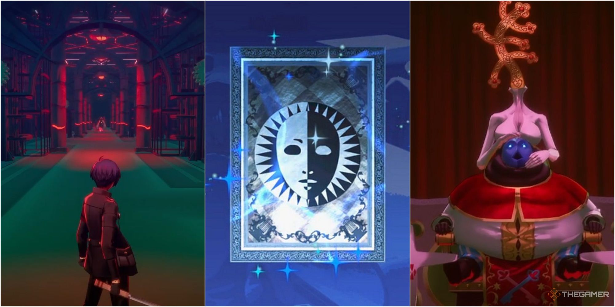 the protagonist in a monad door about to fight an arcana tarot card and the hierophant full moon boss battle persona 3 reload major arcana cards explained p34