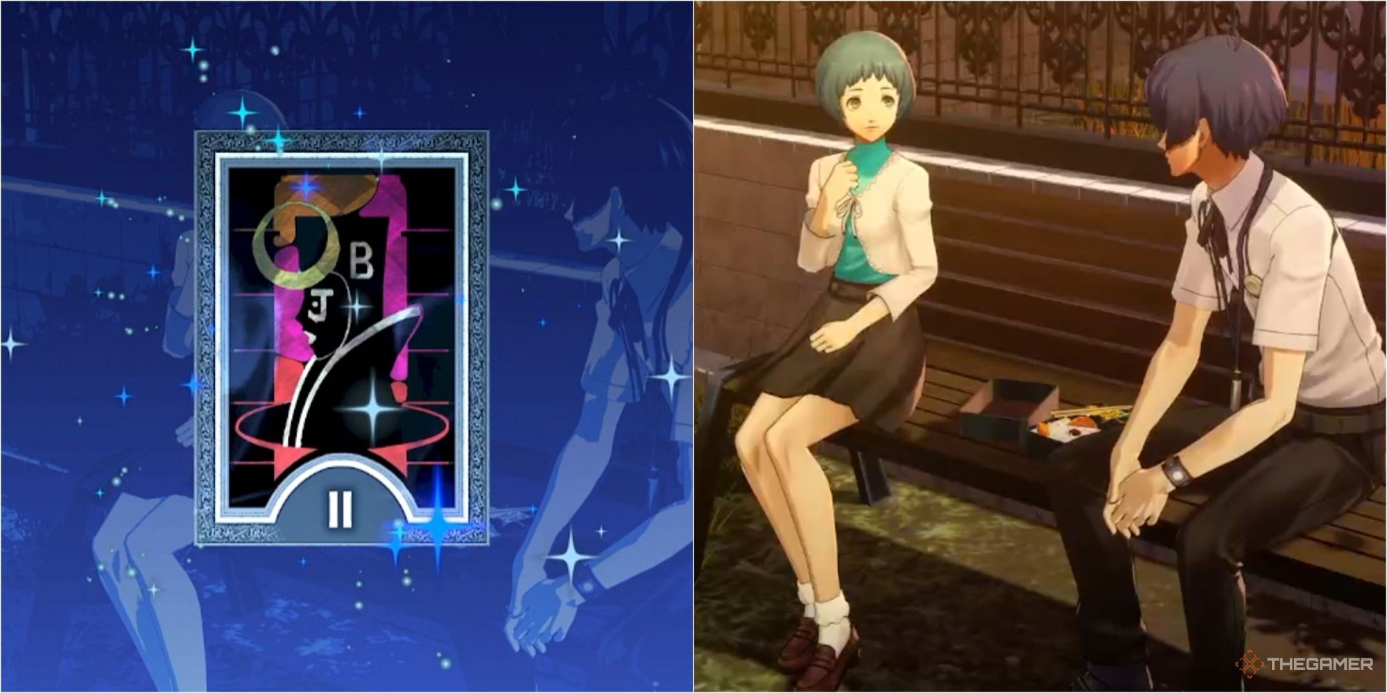 the priestess arcana tarot card and fuuka and the protagonist of persona 3 reload on a bench p3r priestess social link