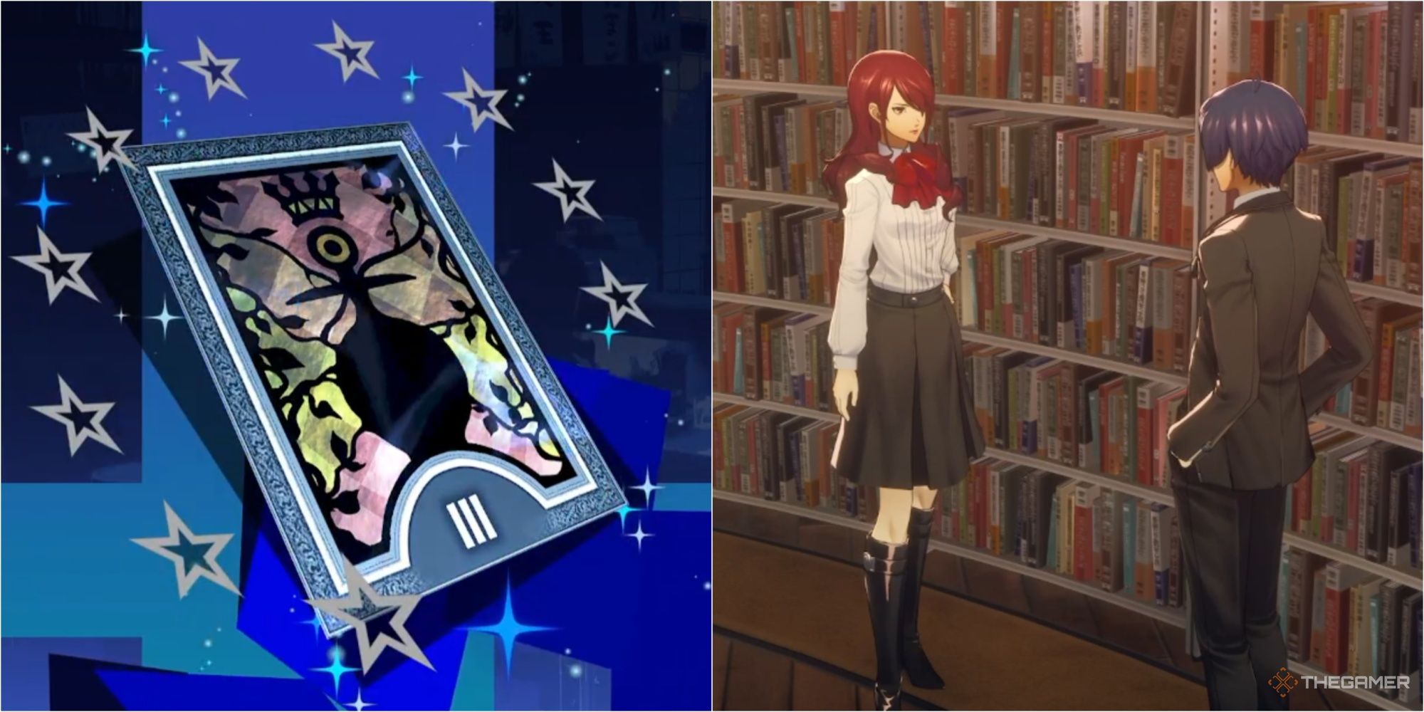 the empress tarot card and mitsuru with the protagonist at the library persona 3 reload p3r social link guide