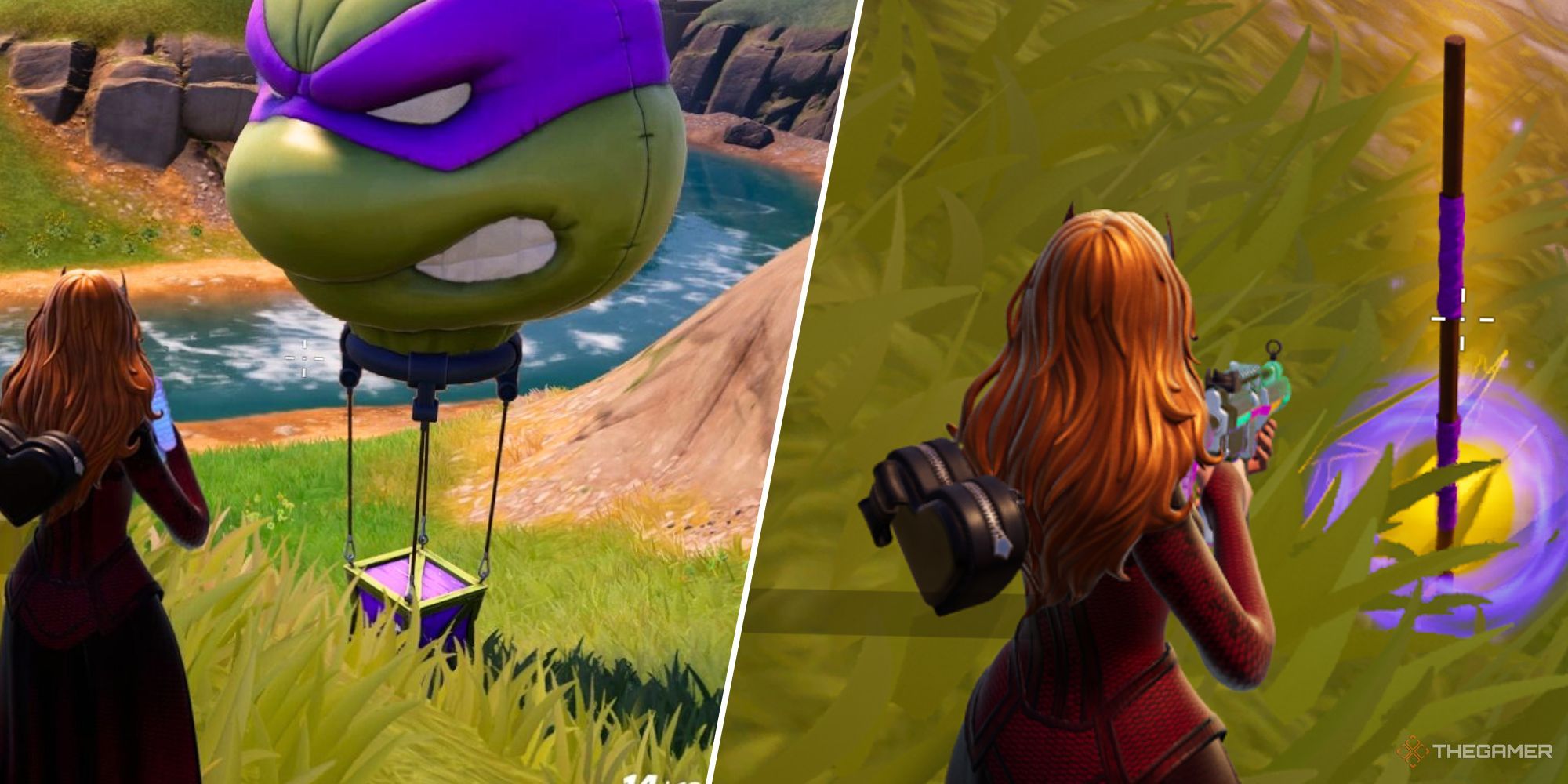 split image of character looking at the supply drop and a weapon in fortnite
