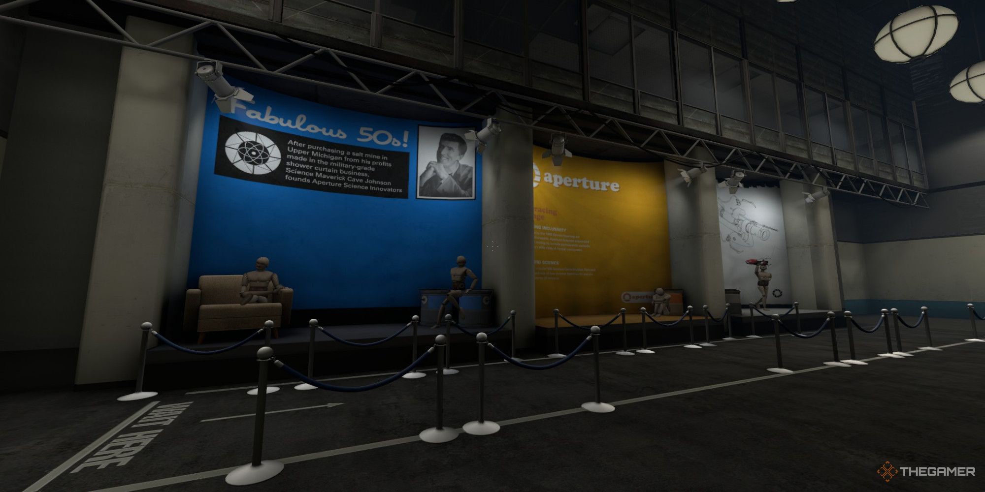 A screenshot from Portal Revolution showing a 1950's display bragging about Aperture's achievements, complete with mannequins and displays showing the progress of the company into Portal Guns.