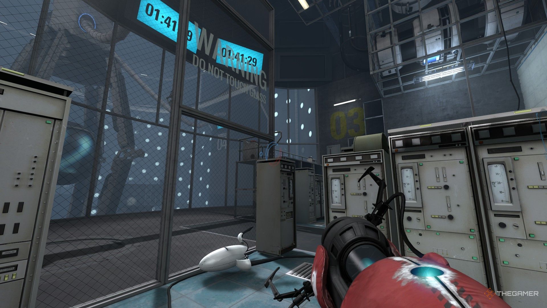 A screenshot from Portal Revolution showing the player character standing in a server room, with a turret on the floor and a pane of glass above it that says &ldquo;Warning: Do Not Touch Glass&rdquo;