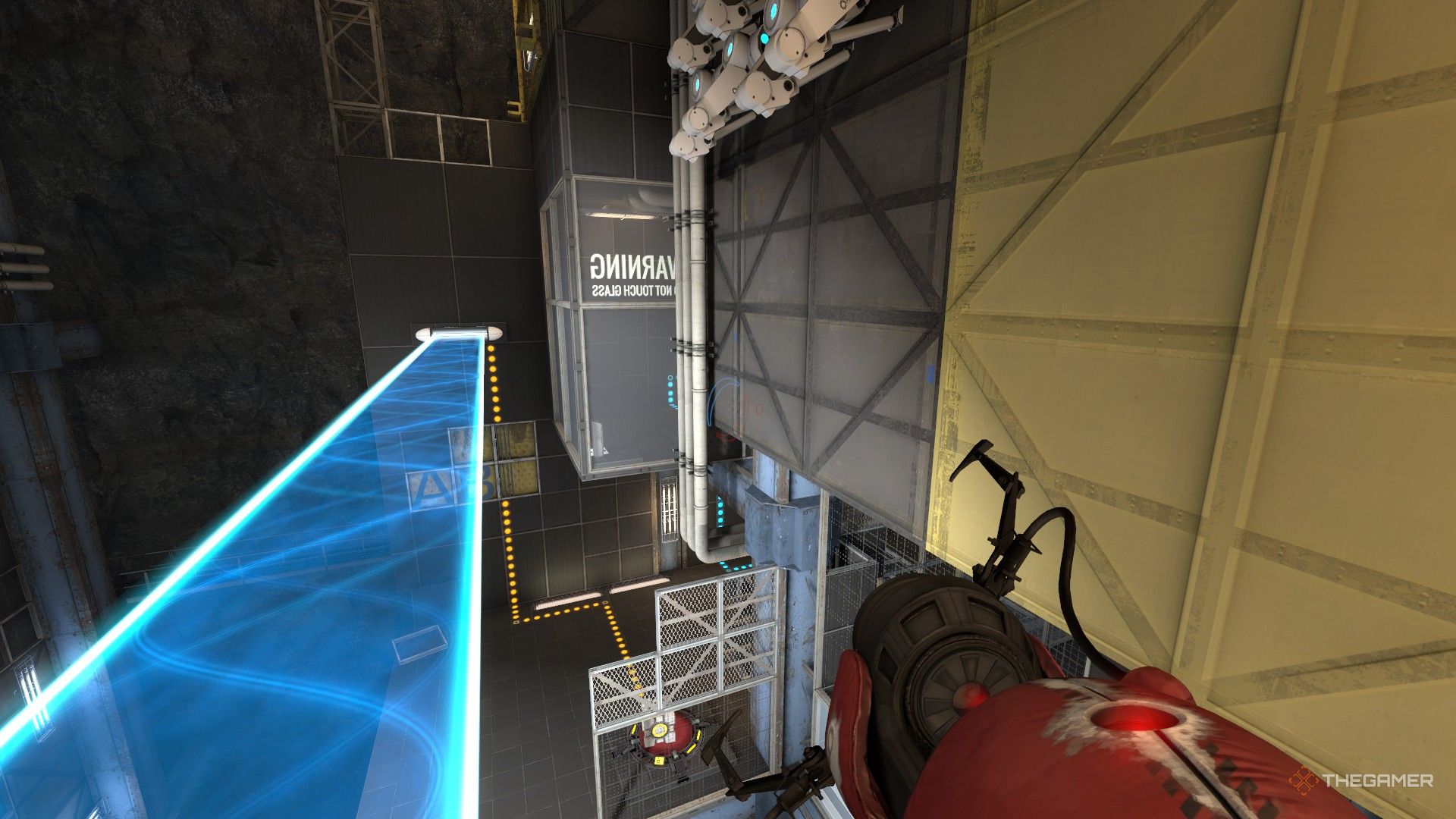 A screenshot from Portal: Revolution showing the player character aiming a red Portal Gun while standing on a light bridge. A pane of glass can be seen near the end of the bridge that says &ldquo;Warning: Do Not Touch Glass.&quot;