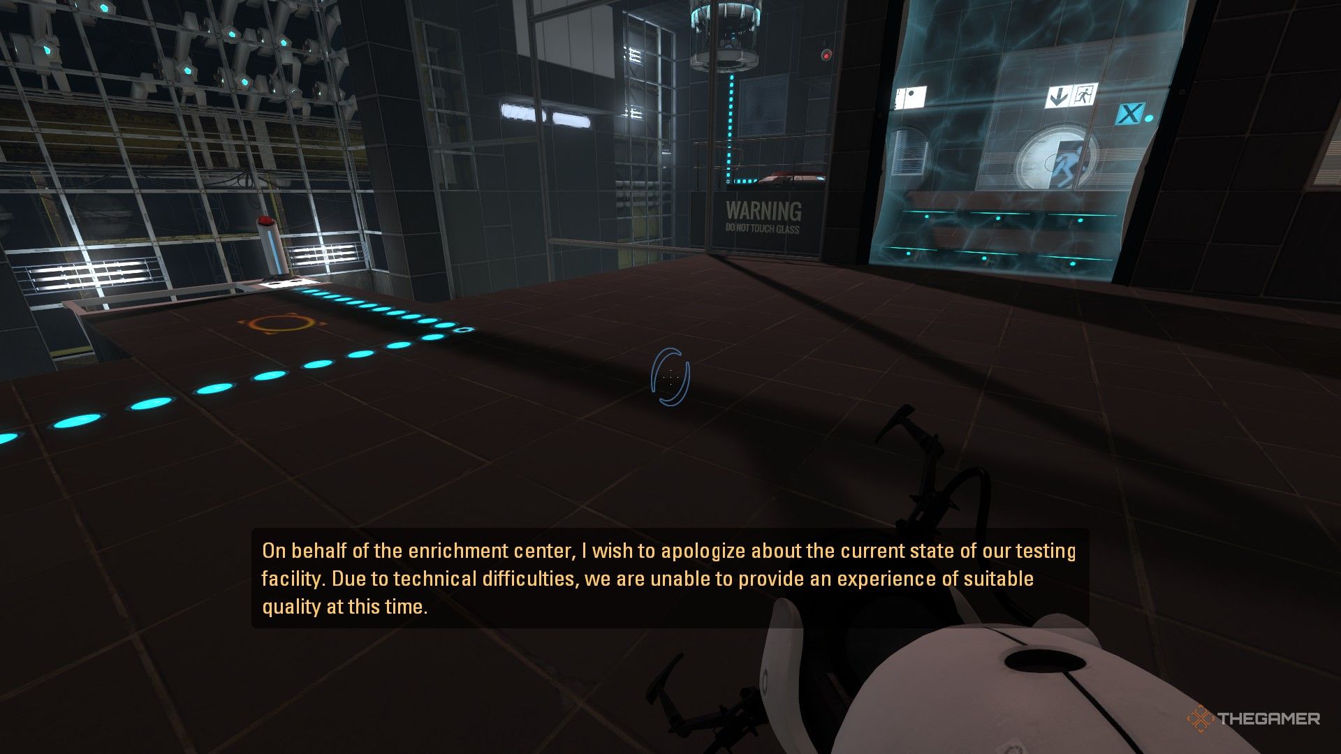 A screenshot from Portal Revolution that shows the player character aiming a portal gun in a test chamber with the &lsquo;Warning Do Not Touch Glass&quot; can be seen on a window pane in the distance