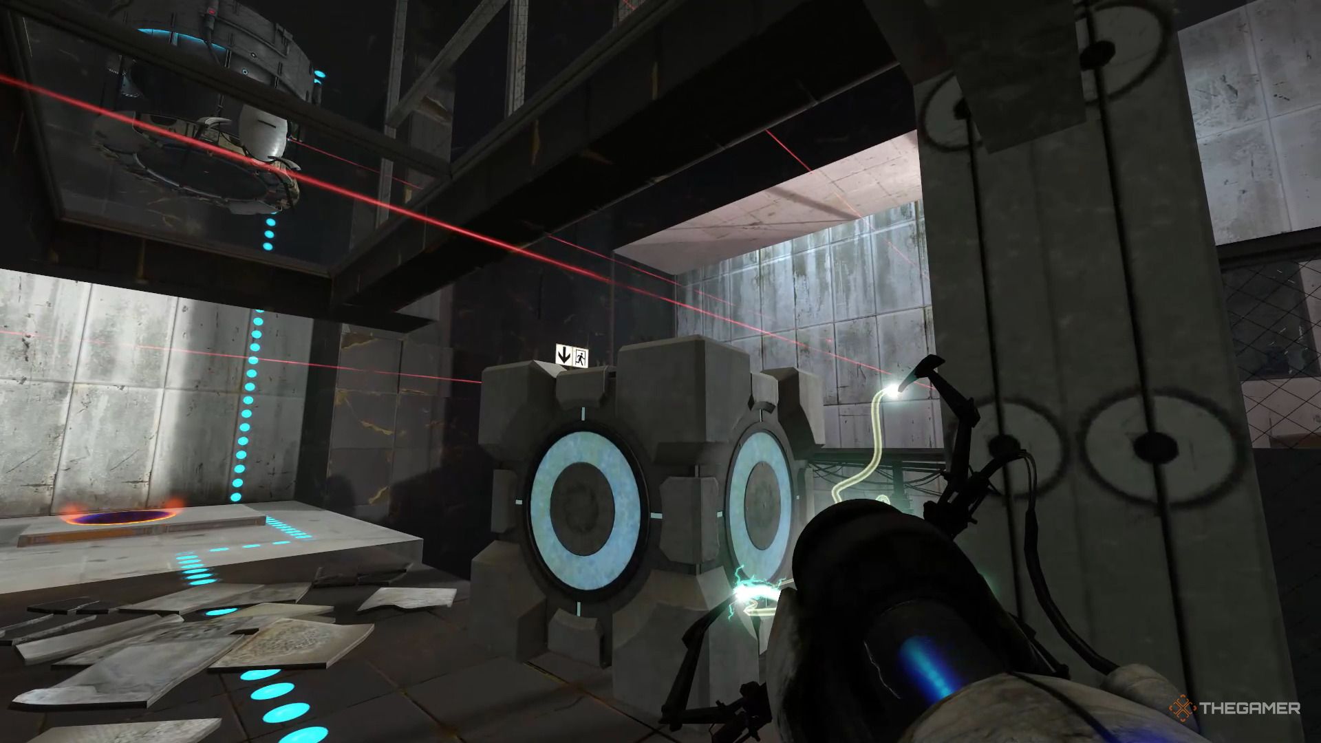 A screenshot from Portal: Revolution that shows the player character holding up a cube to use as a shield against turrets that have laser beam&rsquo;s aimed straight ahead.