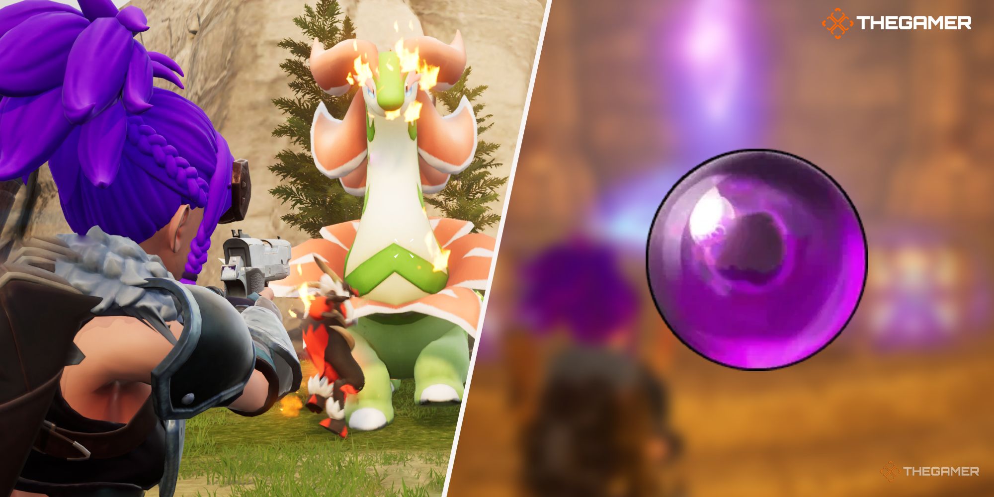 Palworld: Left: fighting with a Broncherry Alpha, right: Precious Dragon Stone in center with blurry image behind