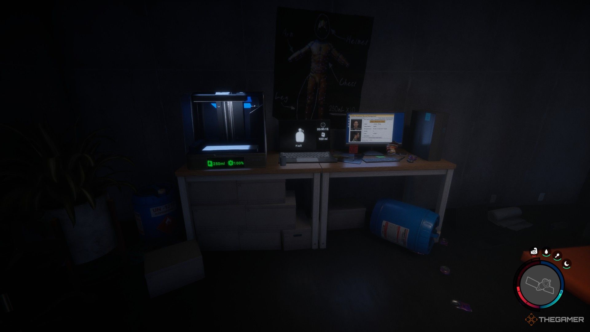A screenshot from Sons of the Forest showing the player character looking at a 3D printer attached to a laptop in a dark room that&rsquo;s in disarray.
