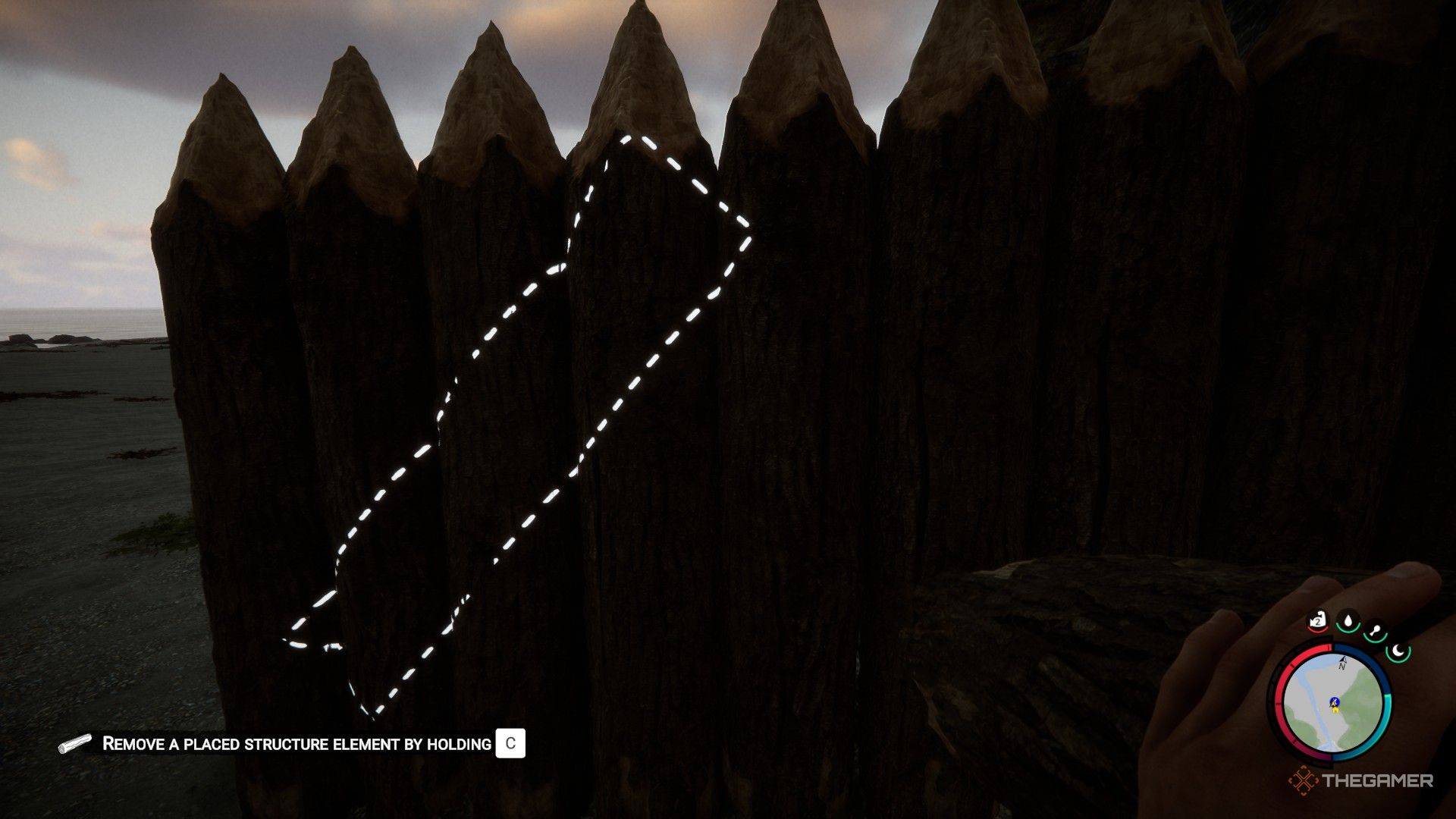 A screenshot from Sons of the Forest showing the player character holding a log while looking at a defensive wall. A white outlise of the log shows diagonally on five logs.