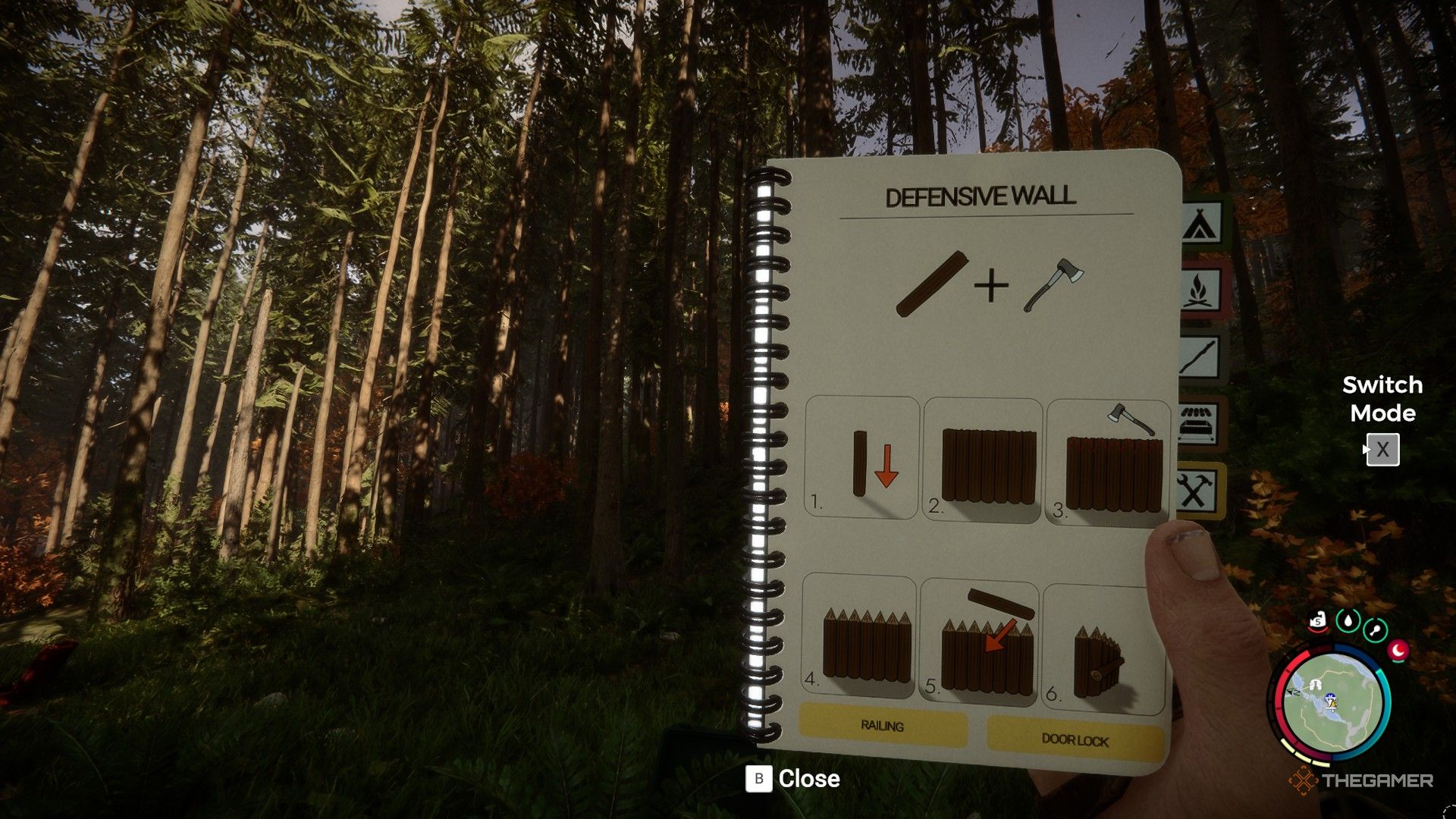 A screenshot from Sons of the Forest shows the player character with the building manual open, showing a Defensive Wall step by step guide. You can see the sun casting shadows on the trees just past the book.