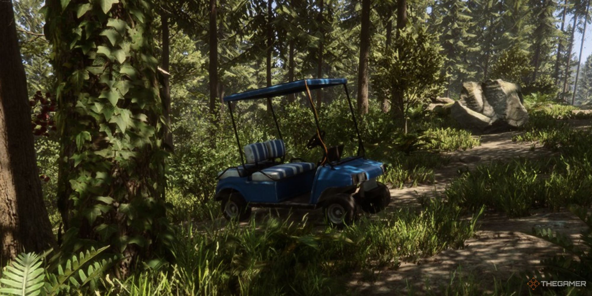 A screenshot from Sons of the Forest showing the golf cart sitting under the shade of some trees in the forest.