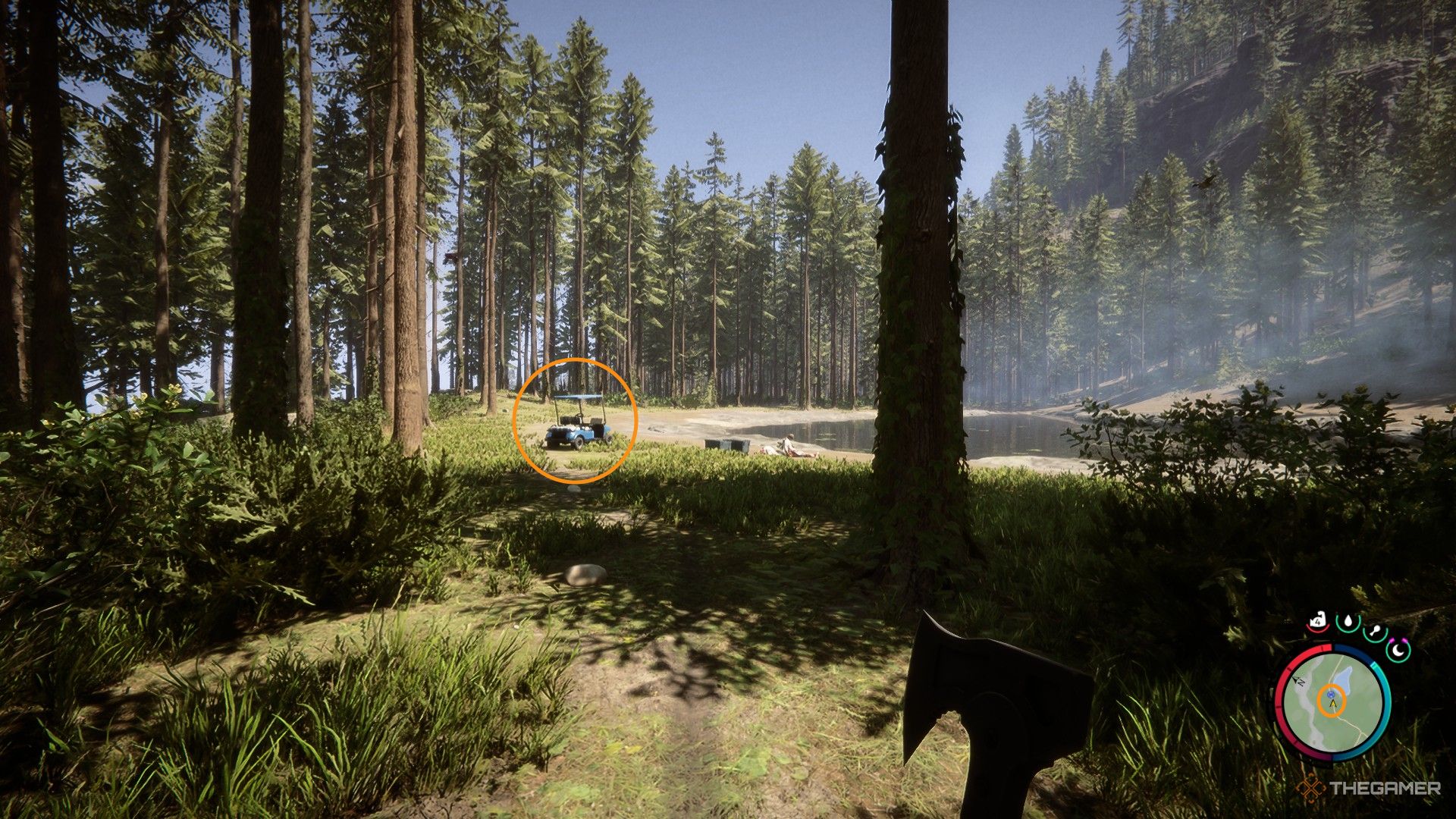 A screenshot from Sons of the Forest showing the player character looking at a golf cart next to a pond in a clearing. There are orange circles highlighting the Golf Cart and the blue steering wheel icon denoting it on the map.