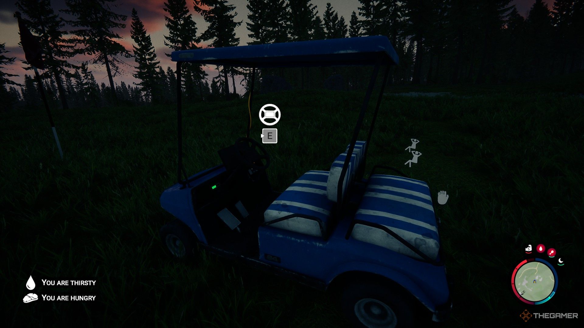 A screenshot from Sons of the Forest showing the player character standing next to a golf cart with an 'E' prompt appearing next to an icon of a steering wheel. Two prompts so sit can be seen on the back, as well as a hand on the bumper to push the cart.