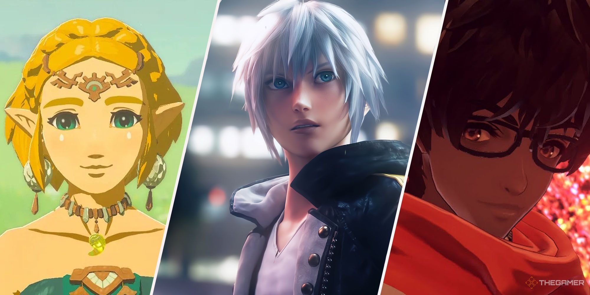 Split images of Zelda in Tears of the Kingdom, Riku in Kingdom Hearts 3 and Taion in Xenoblade Chronicles 3