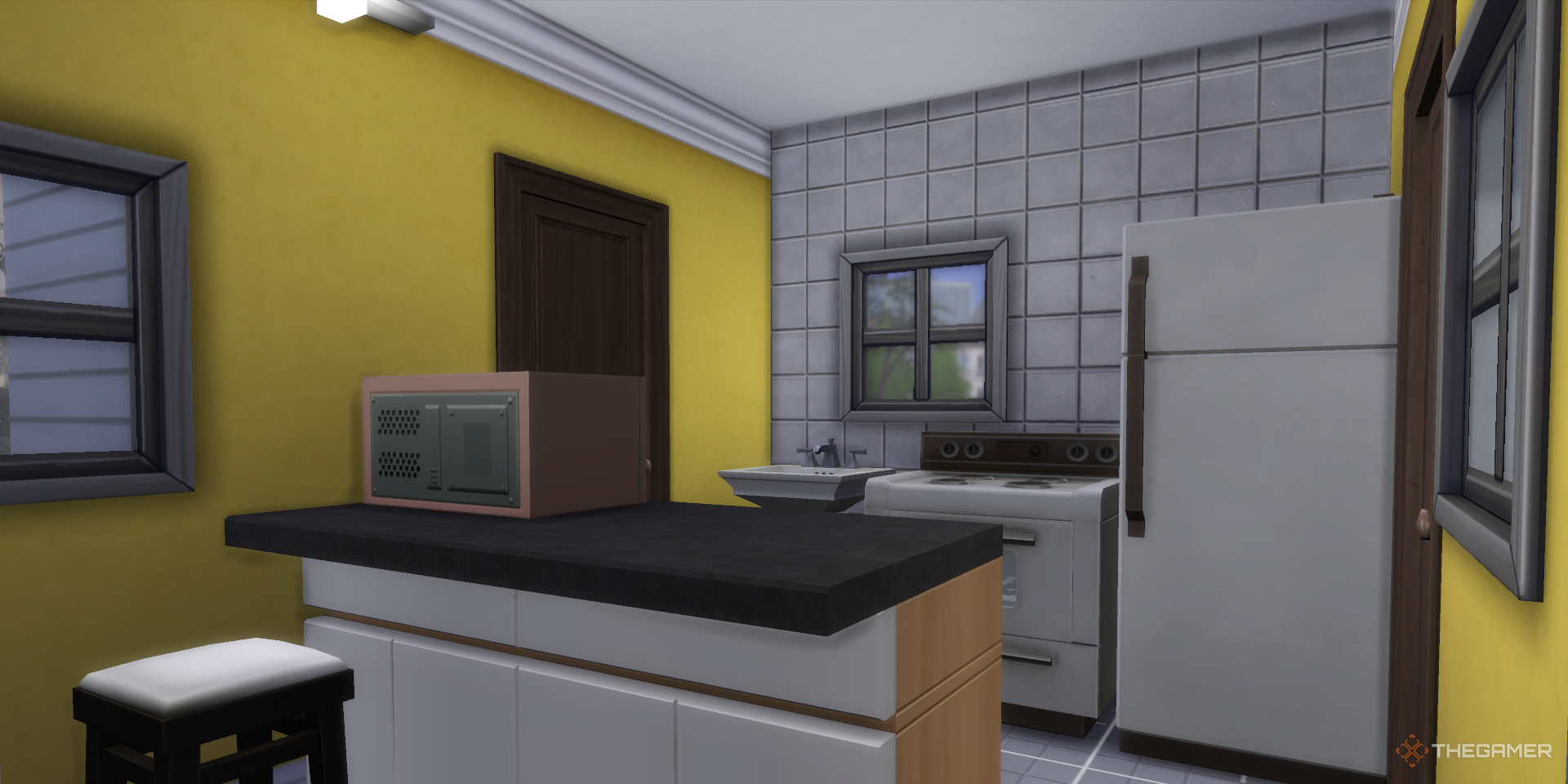 A small kitchen with windows in The Sims 4.