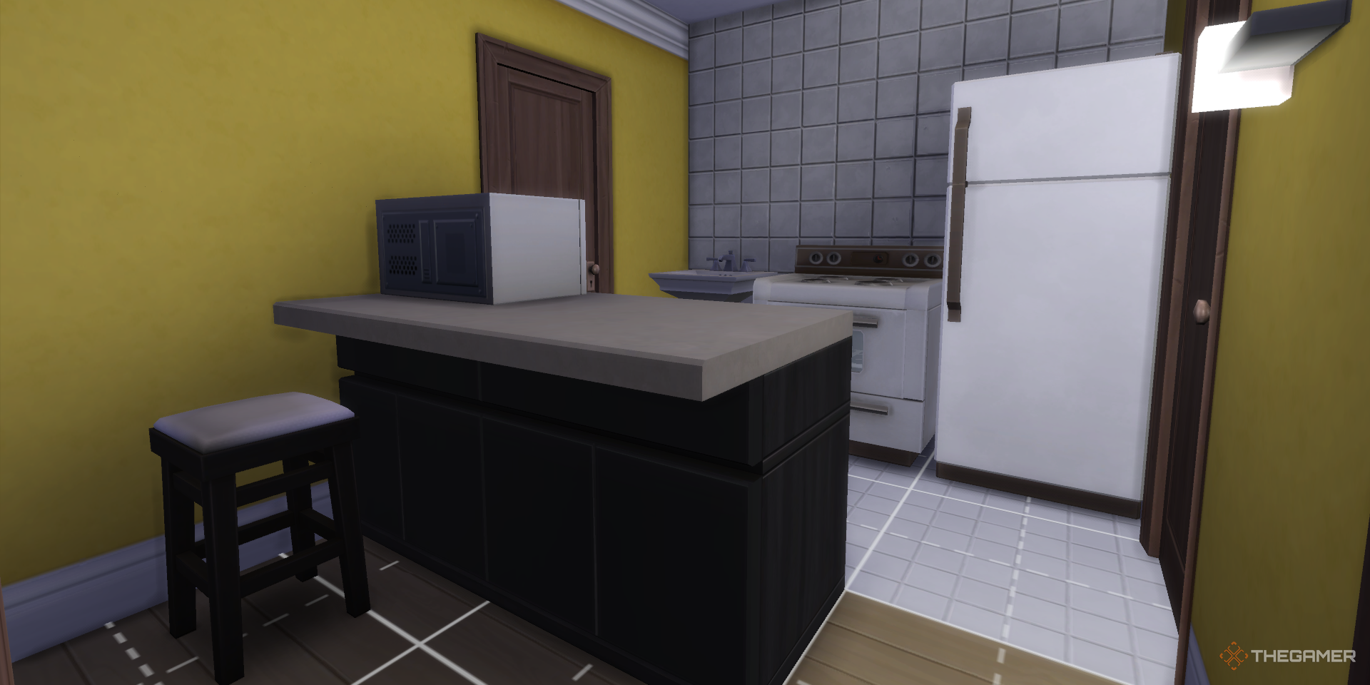 A small kitchen in The Sims 4 without any windows.