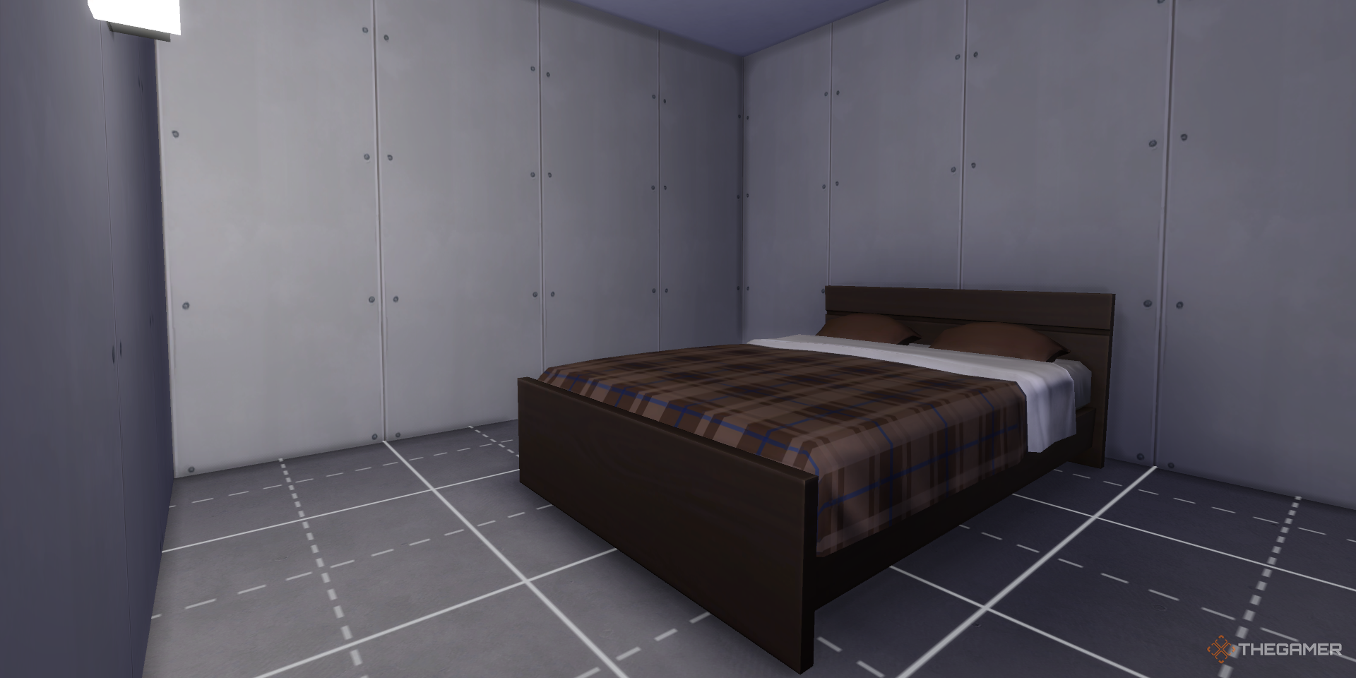 An unfinished bedroom in The Sims 4 with a double bed in the middle of the room.