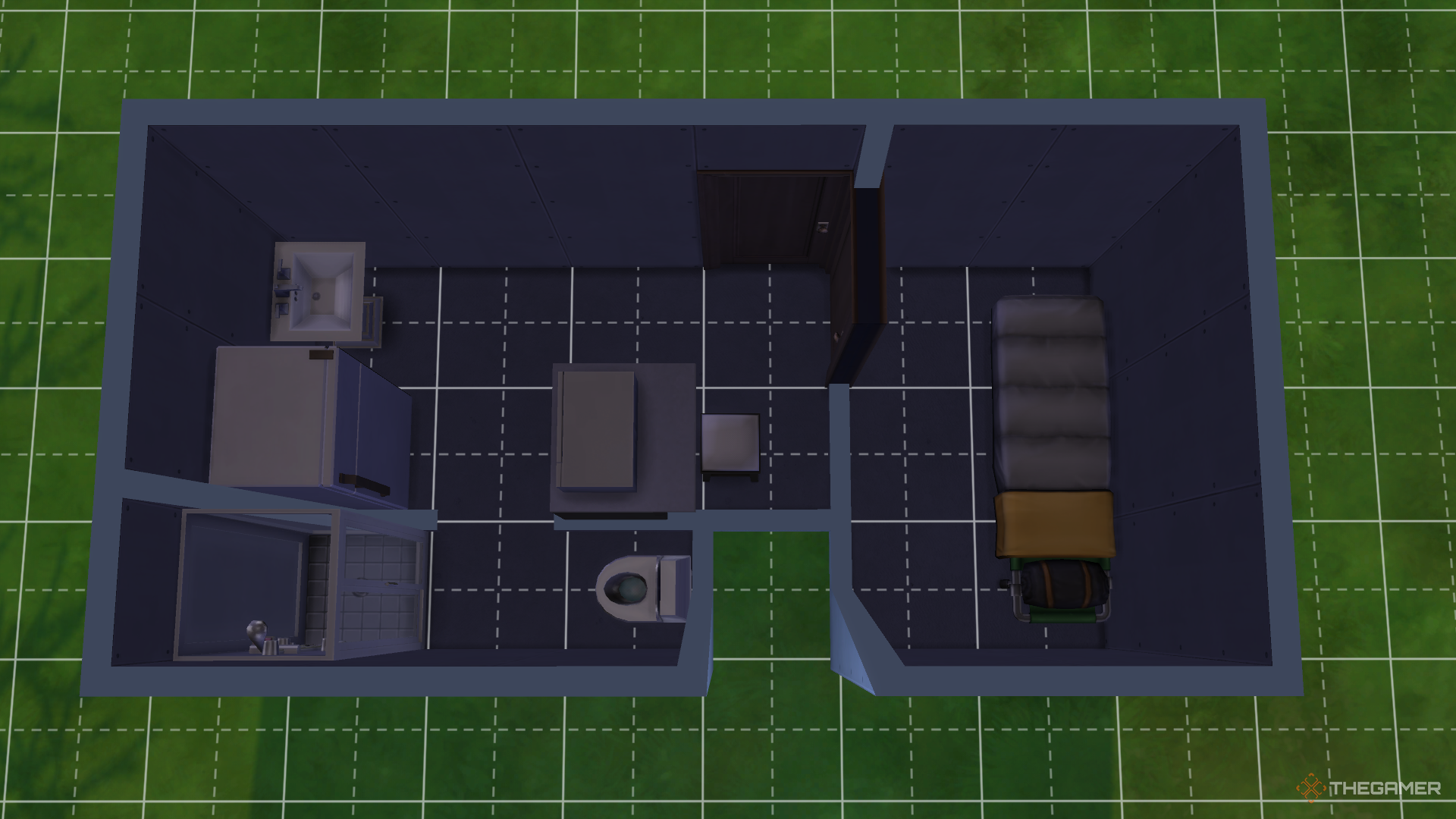 A tiny house with the bare necessities in The Sims 4. There are no lights or windows and minimal walking space.