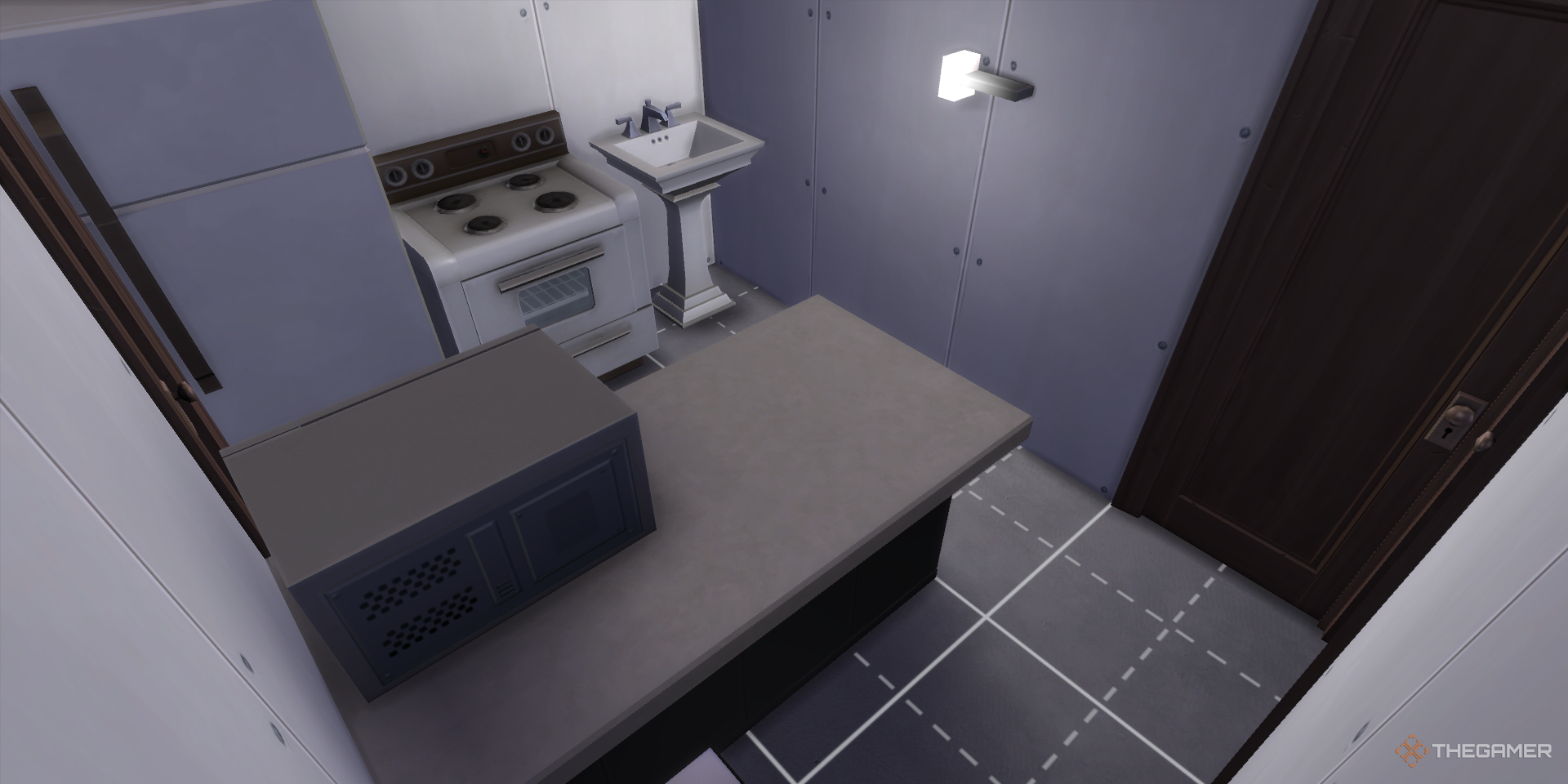 The Sims 4 Unfinished Kitchen With an island, a microwave, a fridge, an oven and a sink.