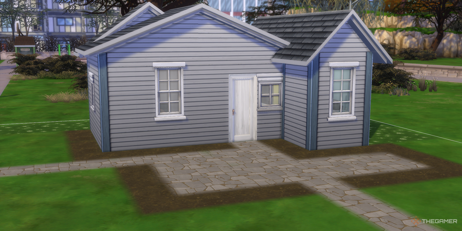 Exterior of a cheap starter home in The Sims 4.