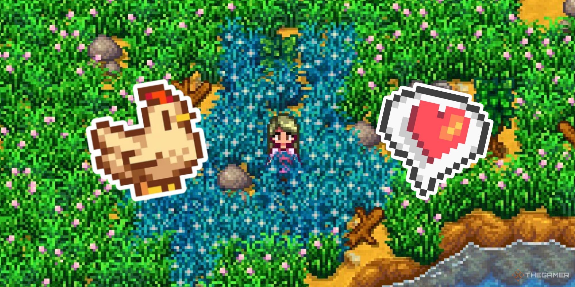 Stardew Valley farmer standing in blue grass next to a floating image of chicken and heart