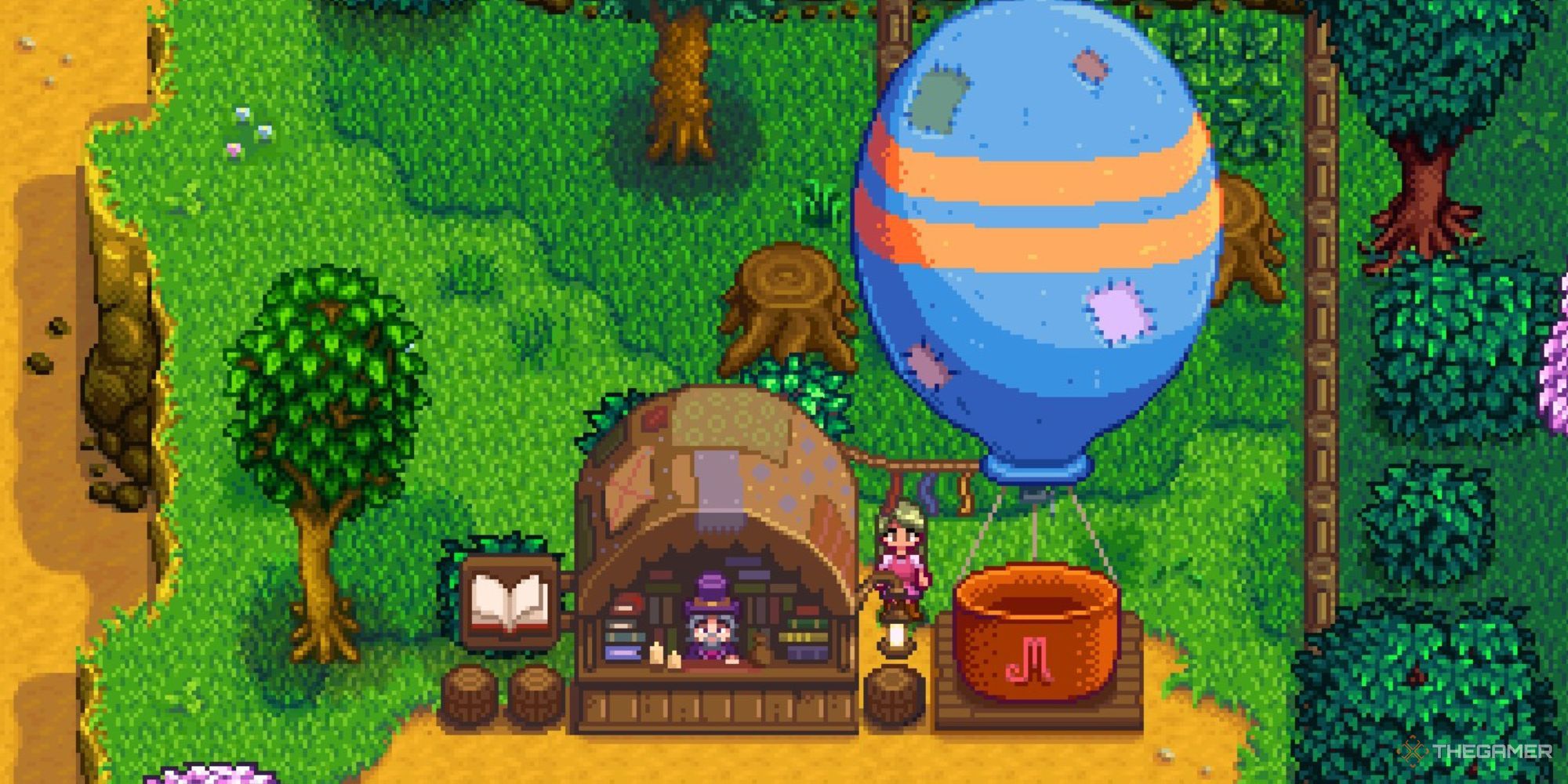 Player with the Bookseller in Stardew Valley. 