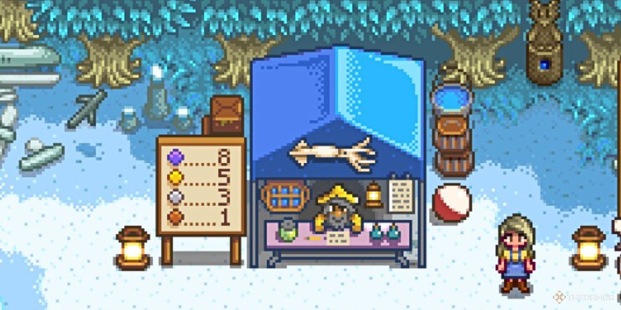 Squidfest booth with a player standing next to it in Stardew Valley
