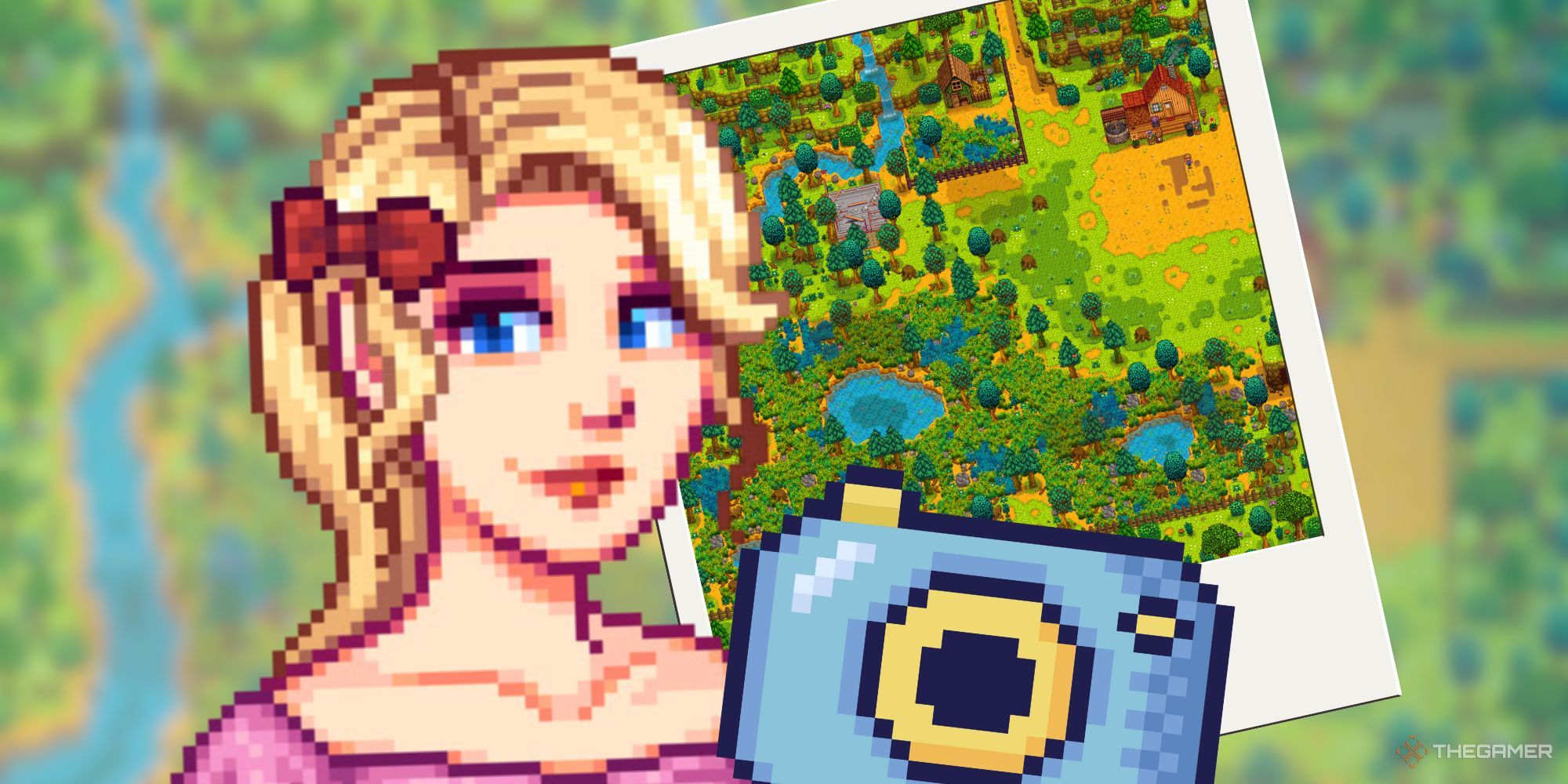 Stardew Valley character portrait with a pixel camera and polaroid of a farm screenshot. 