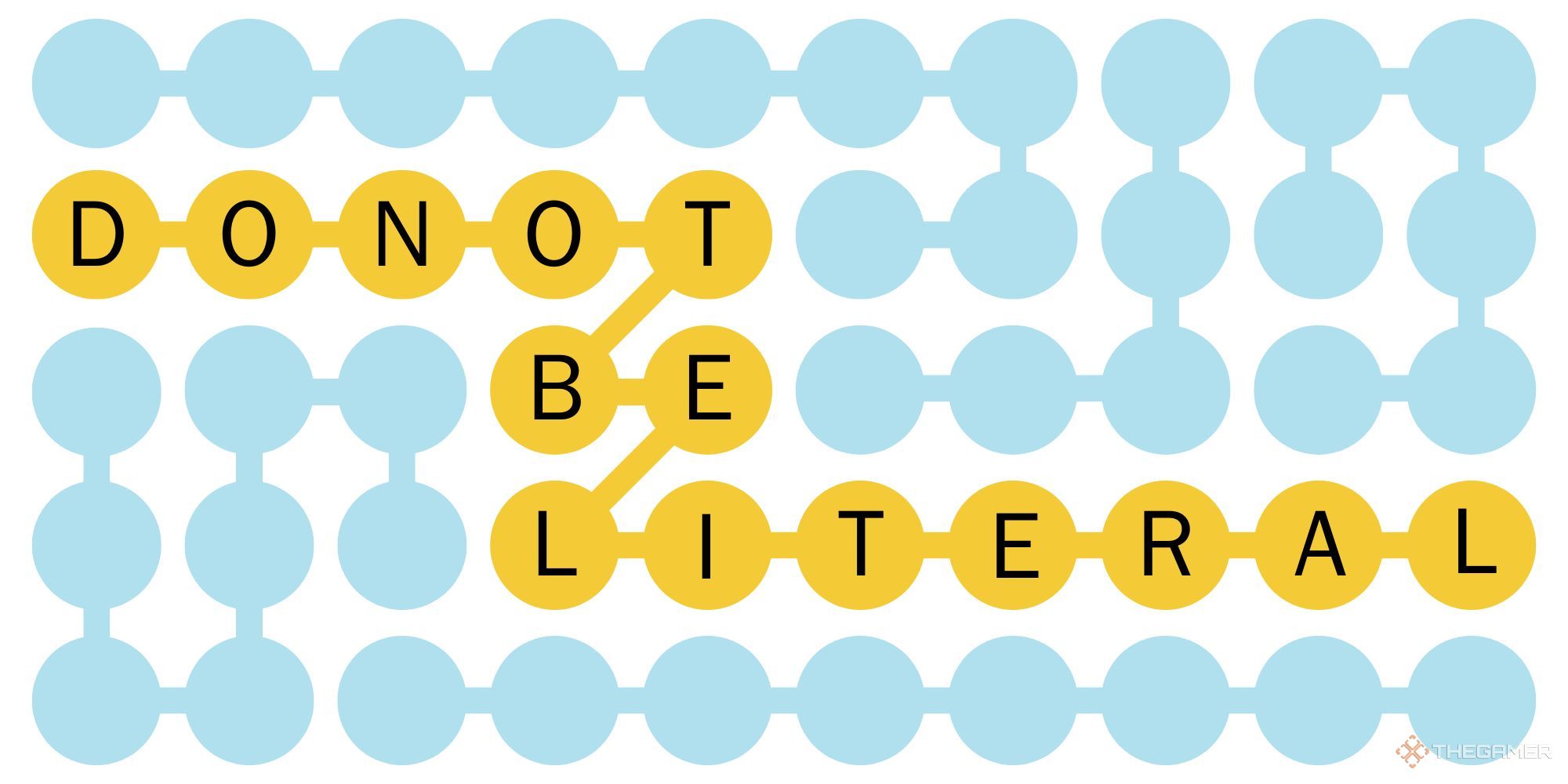 Orange dots spelling out Do Not Be Literal in a Strands-inspired design.
