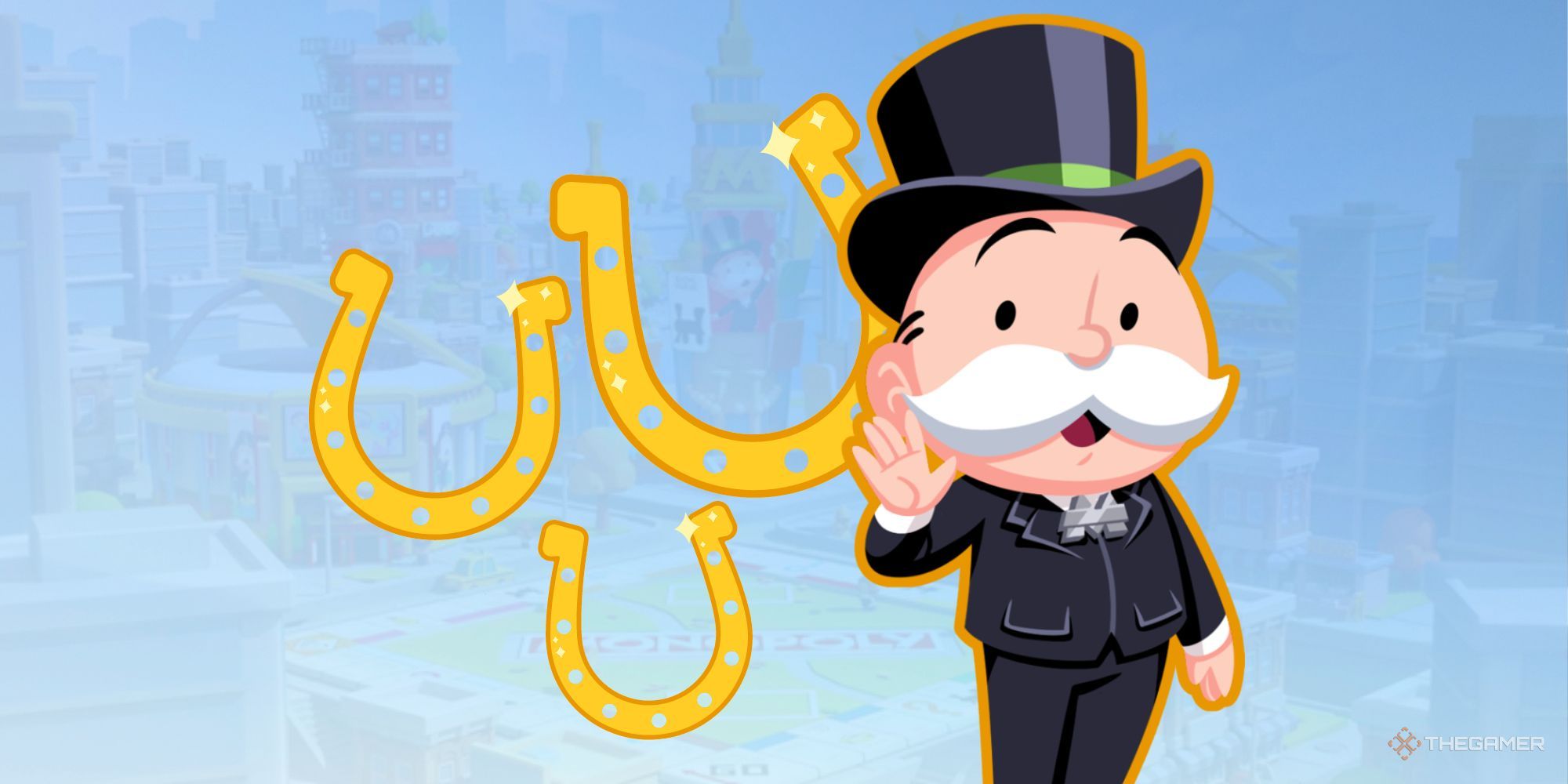Monopoly man with three golden horseshoes in front of a slightly blue Monopoly Go city image