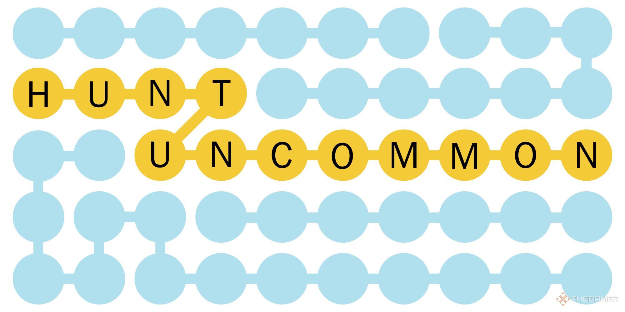 Orange dots spelling out Hunt Uncommon in a Strands-inspired design.