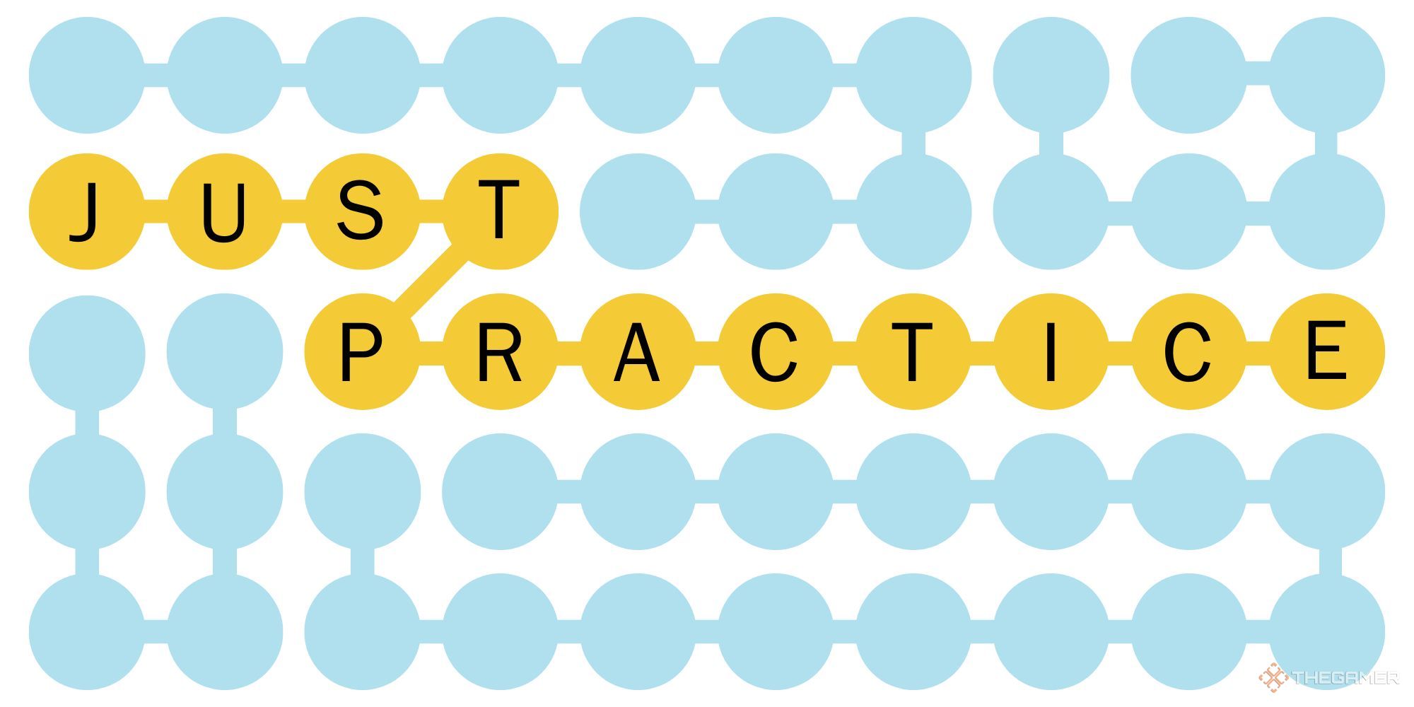 Orange dots spelling out Just Practice in a Strands-inspired design.